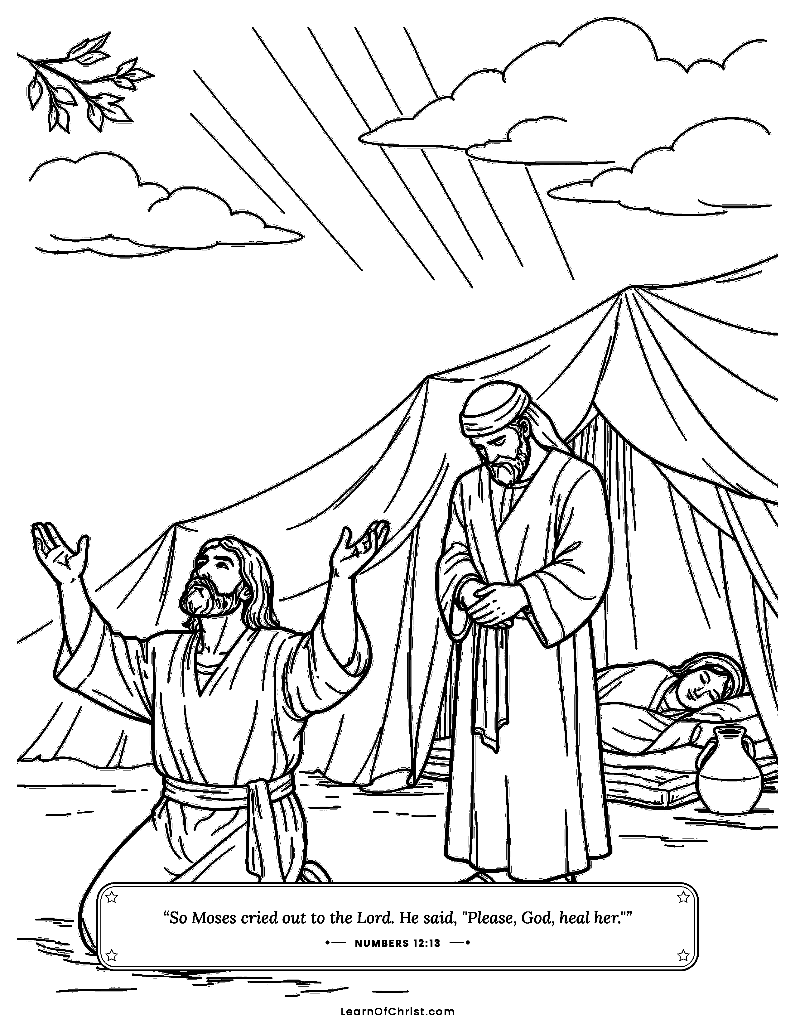 Numbers 12 coloring page - Moses prays for his sister Miriam. Free printable Bible coloring sheet for kids.