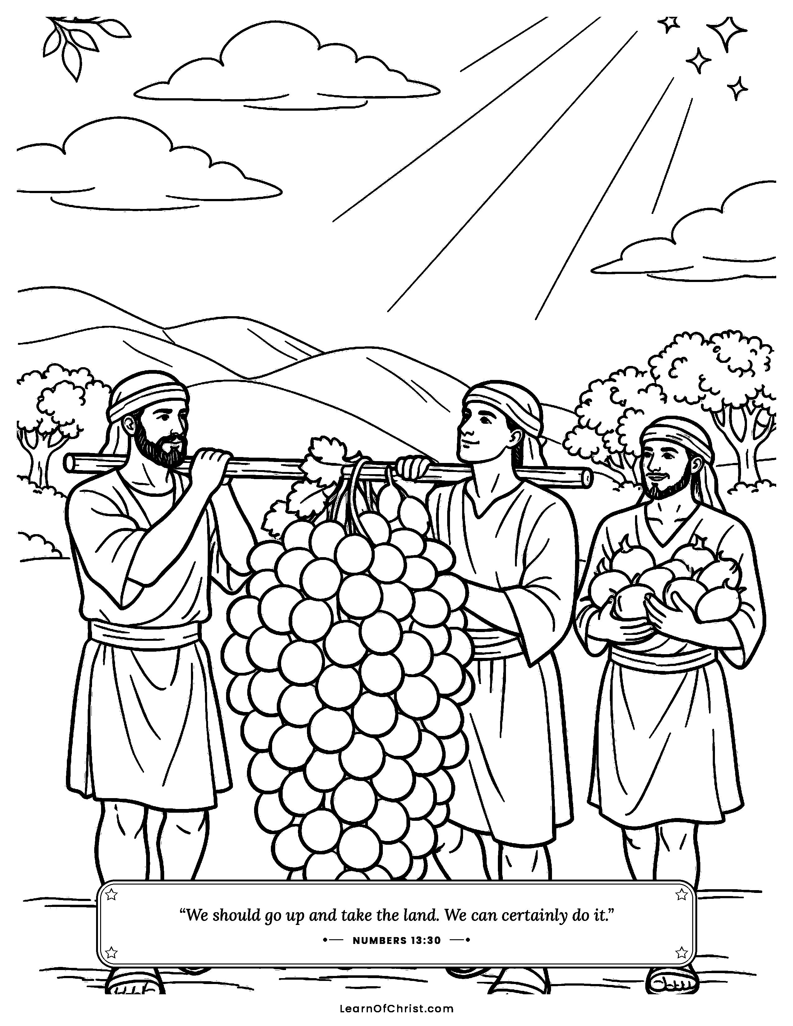 Numbers 13 coloring page - Two spies carry a giant grape cluster. Free printable Bible coloring sheet for kids.