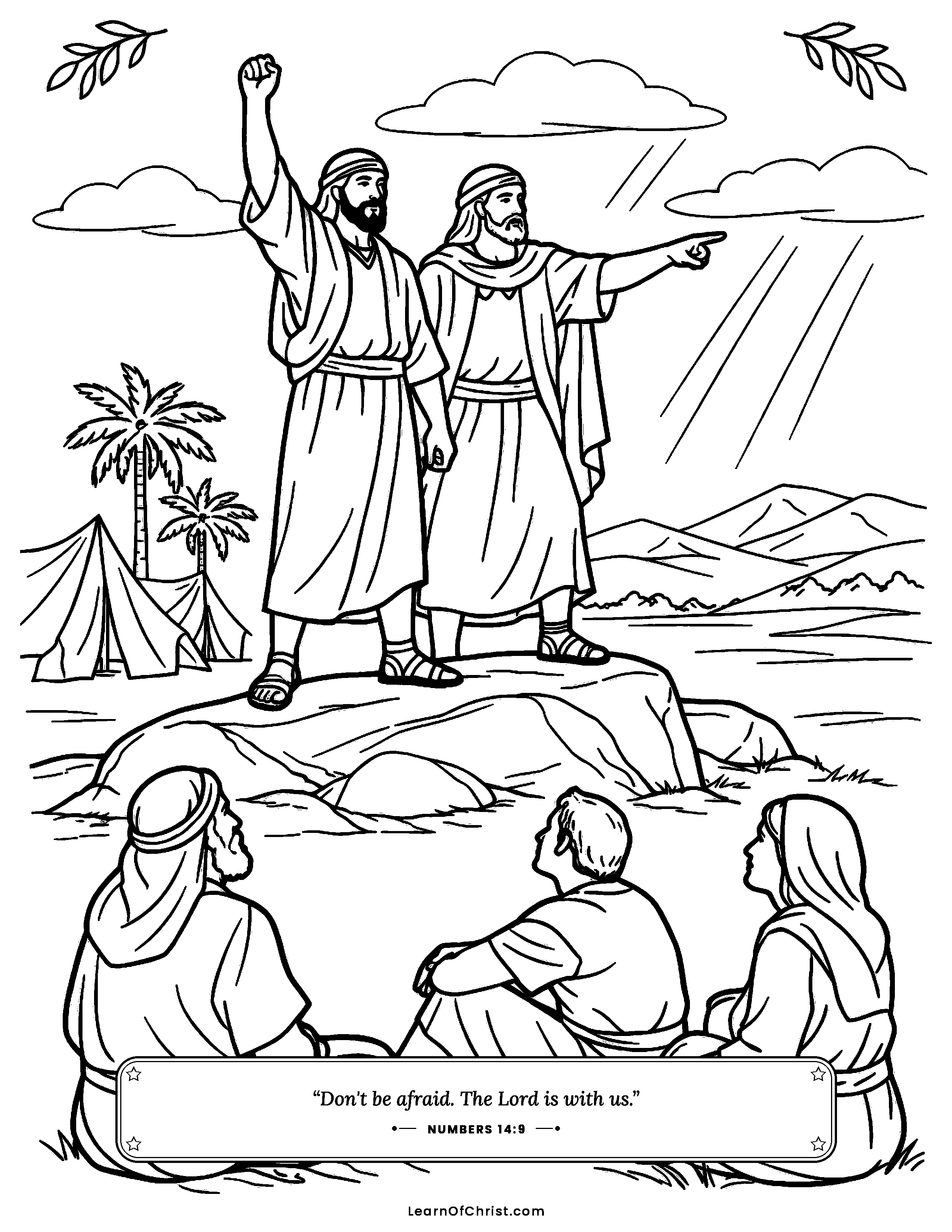Numbers 14 coloring page - Caleb and Joshua say be brave. Free printable Bible coloring sheet for kids.