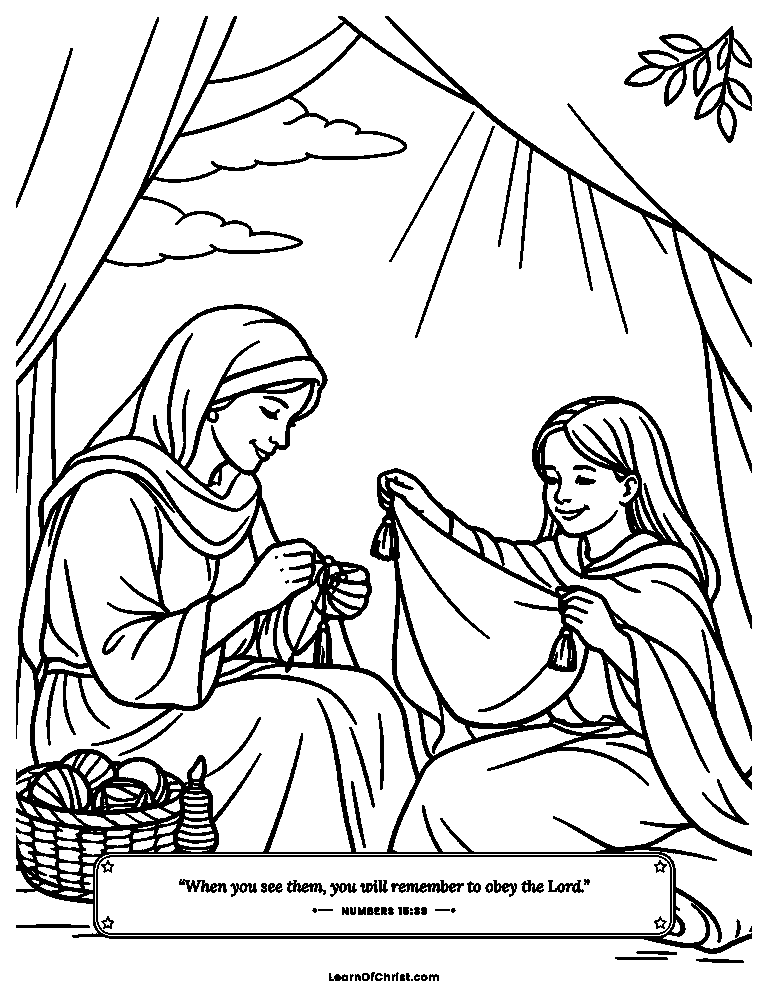 Numbers 15 coloring page - Blue threads to help us remember