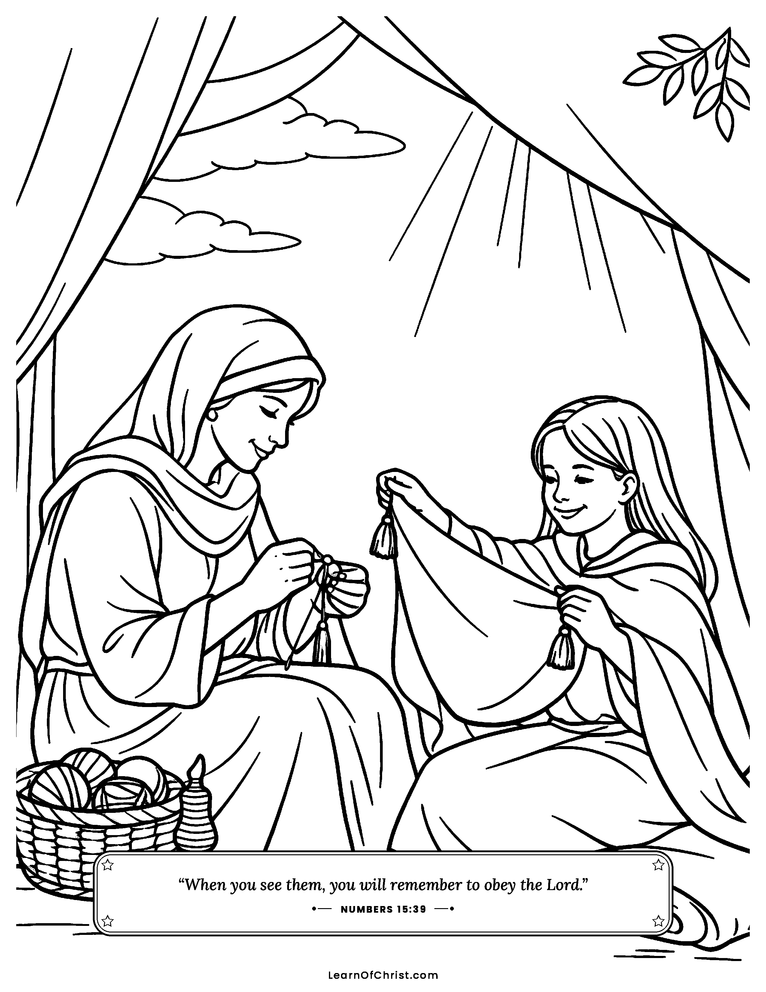 Numbers 15 coloring page - Blue threads to help us remember. Free printable Bible coloring sheet for kids.