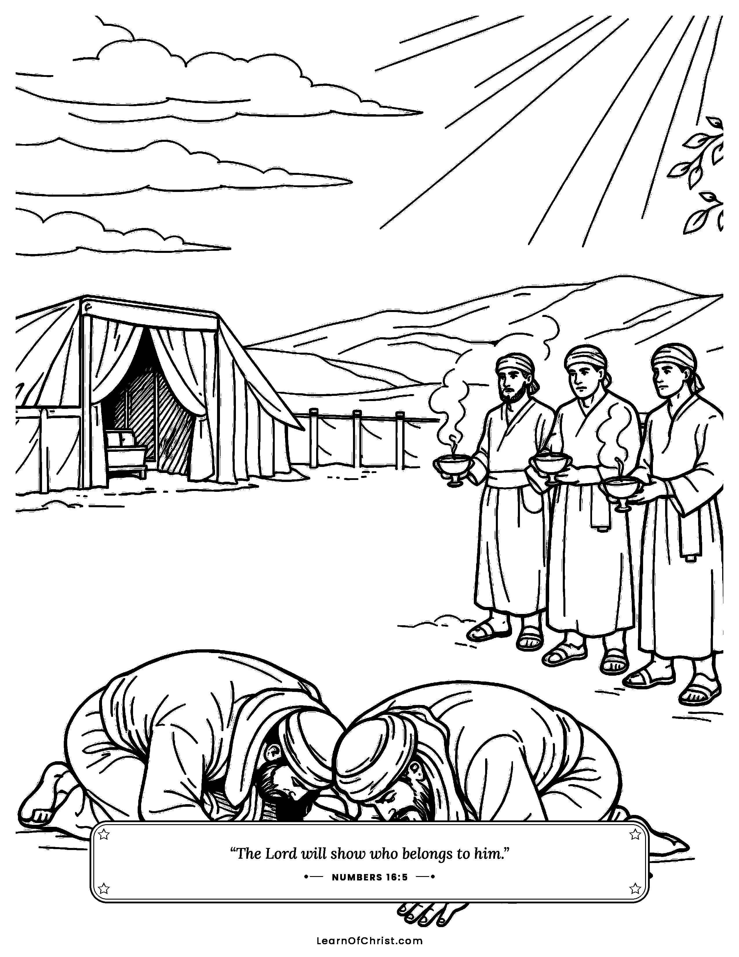 Numbers 16 coloring page - Moses and Aaron pray for the people. Free printable Bible coloring sheet for kids.