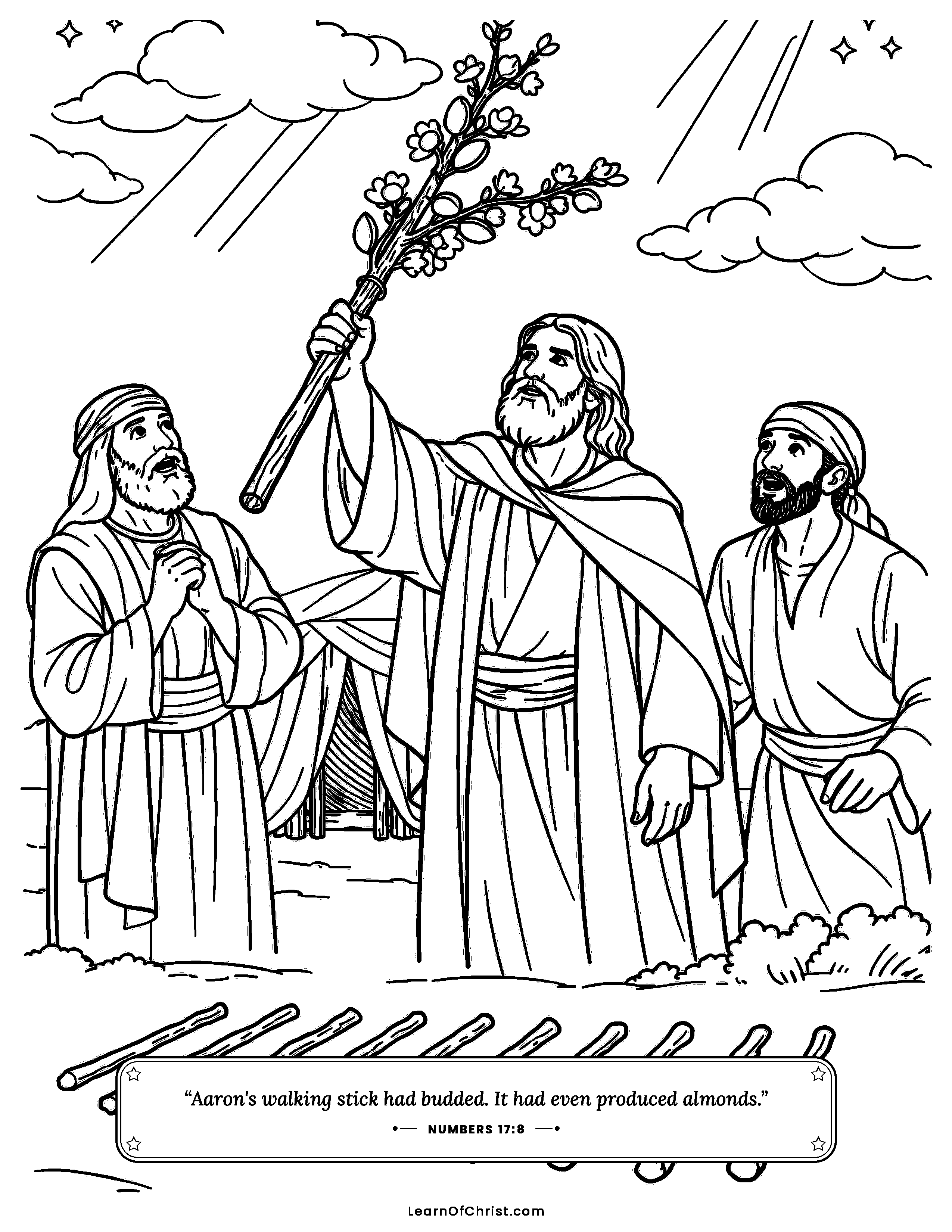 Numbers 17 coloring page - Aaron's dry stick bursts into blossom. Free printable Bible coloring sheet for kids.