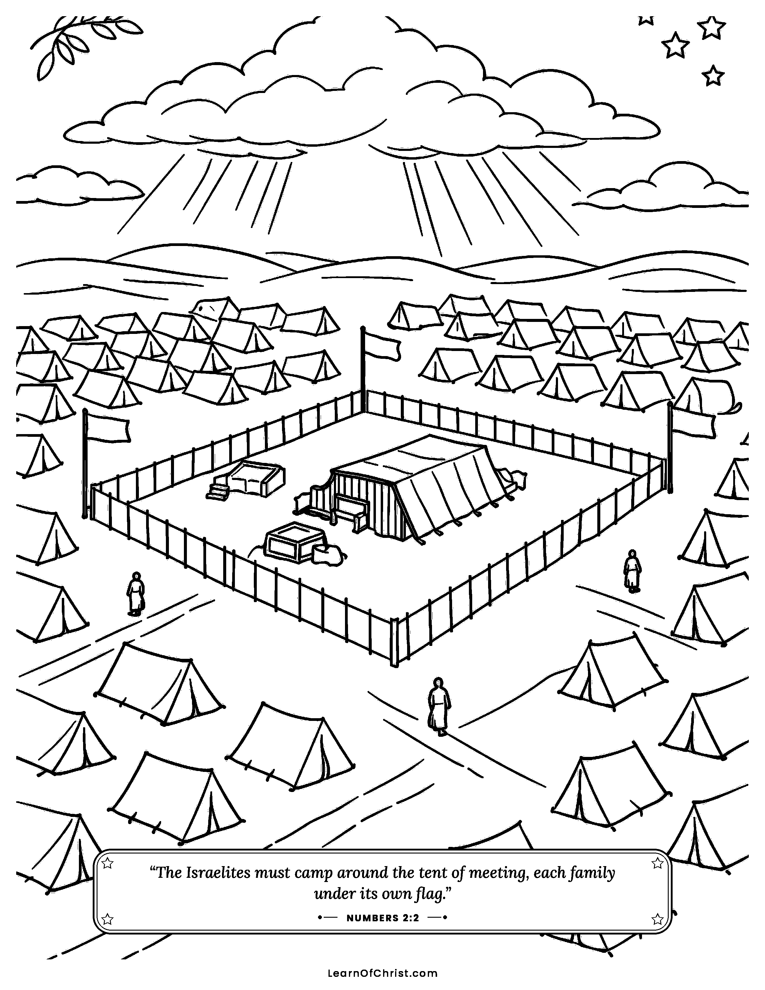 Numbers 2 coloring page - God's tent at the center of the camp. Free printable Bible coloring sheet for kids.