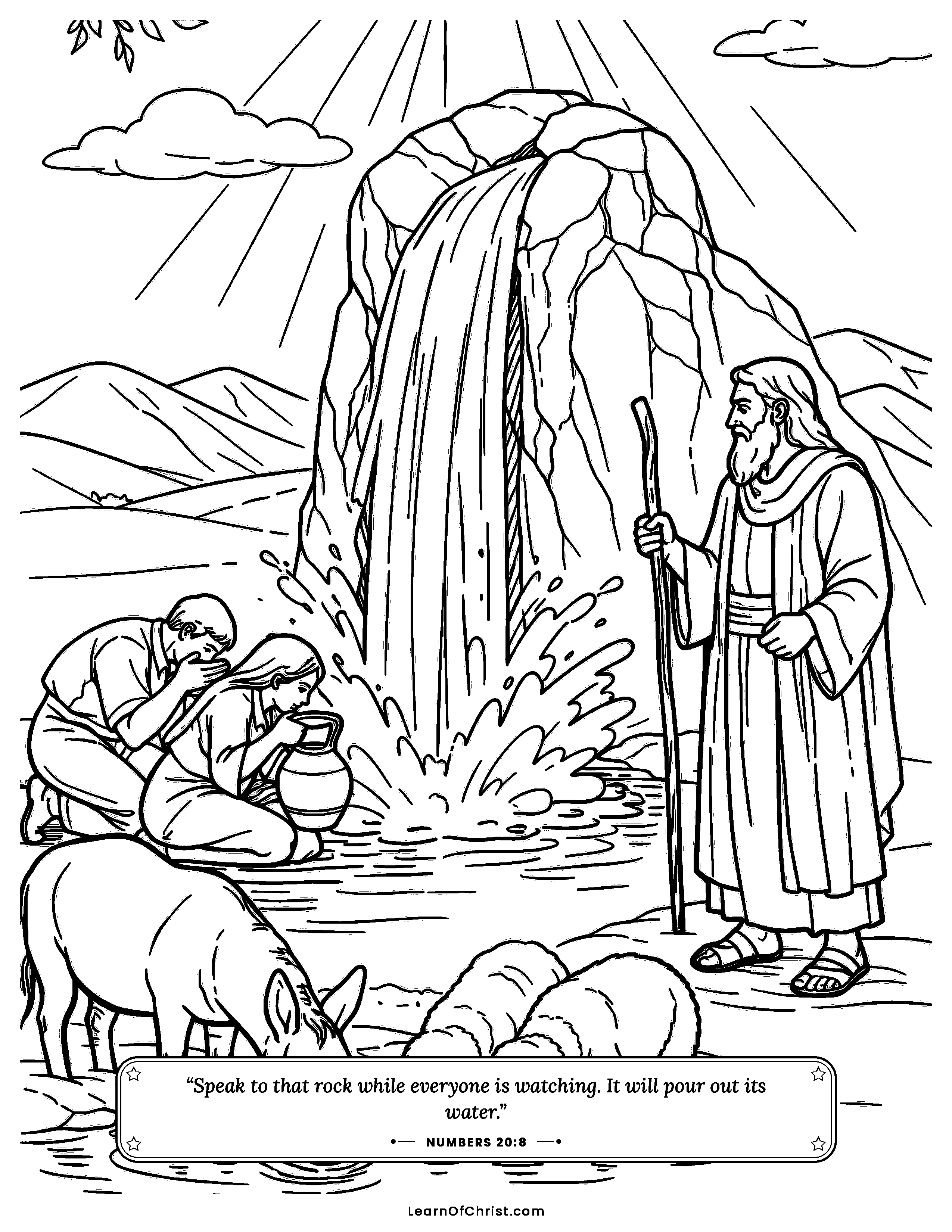 Numbers 20 coloring page - Water gushes from the desert rock. Free printable Bible coloring sheet for kids.