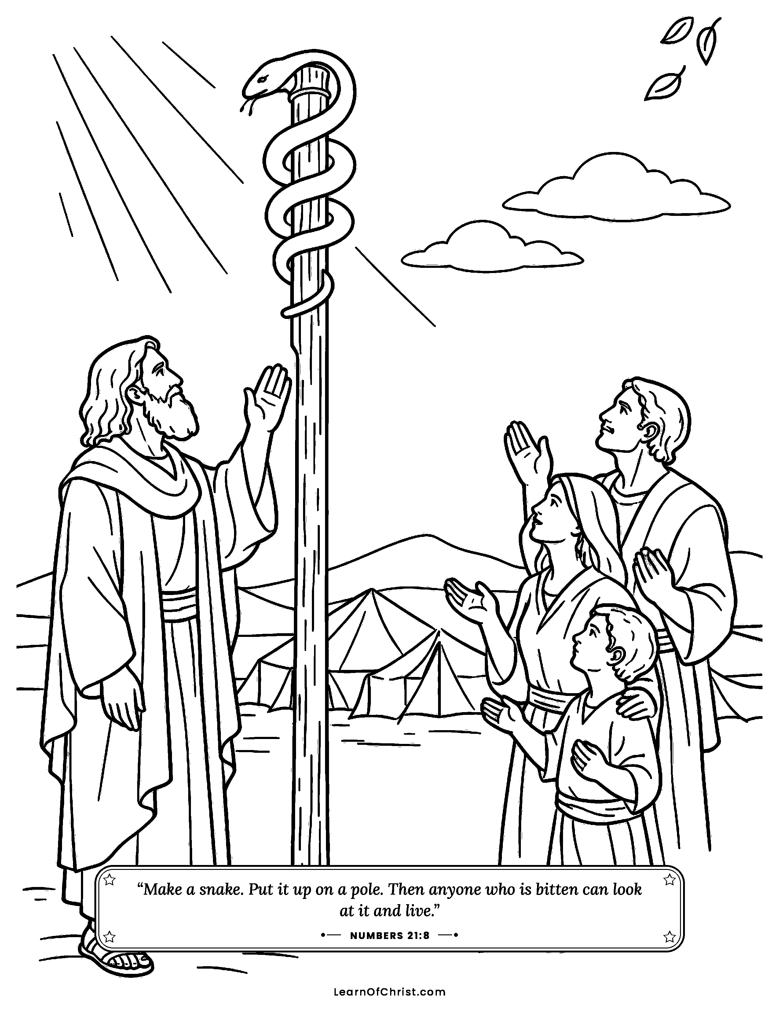 Numbers 21 coloring page - Looking up at the bronze snake. Free printable Bible coloring sheet for kids.