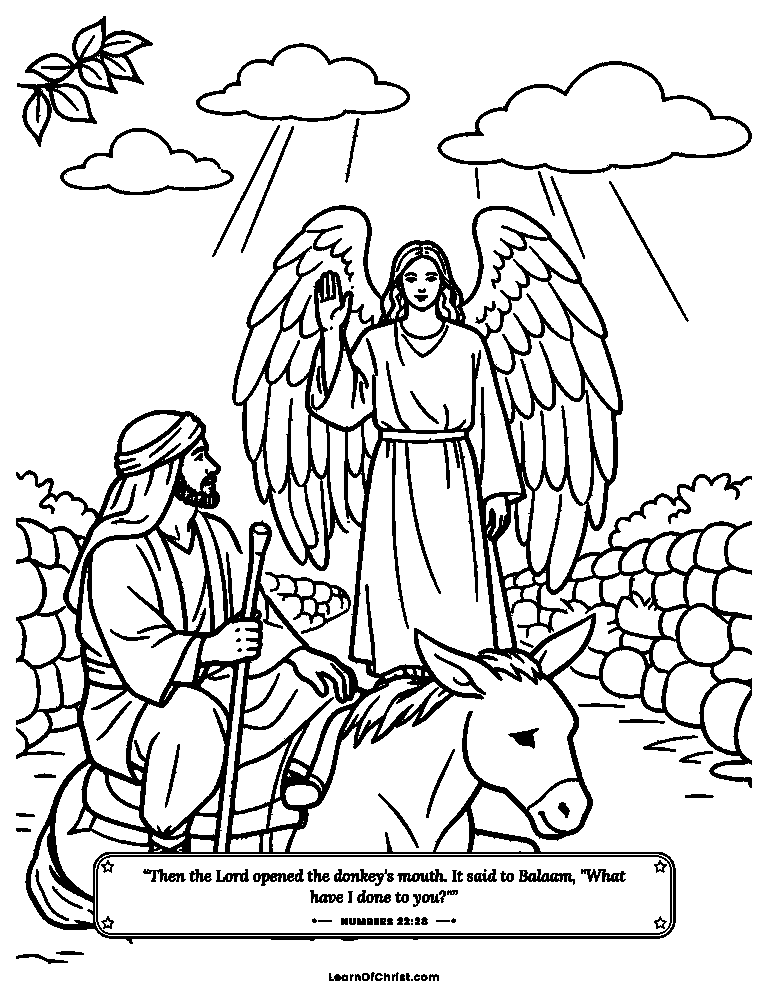 Numbers 22 coloring page - Balaam's donkey stops in the road