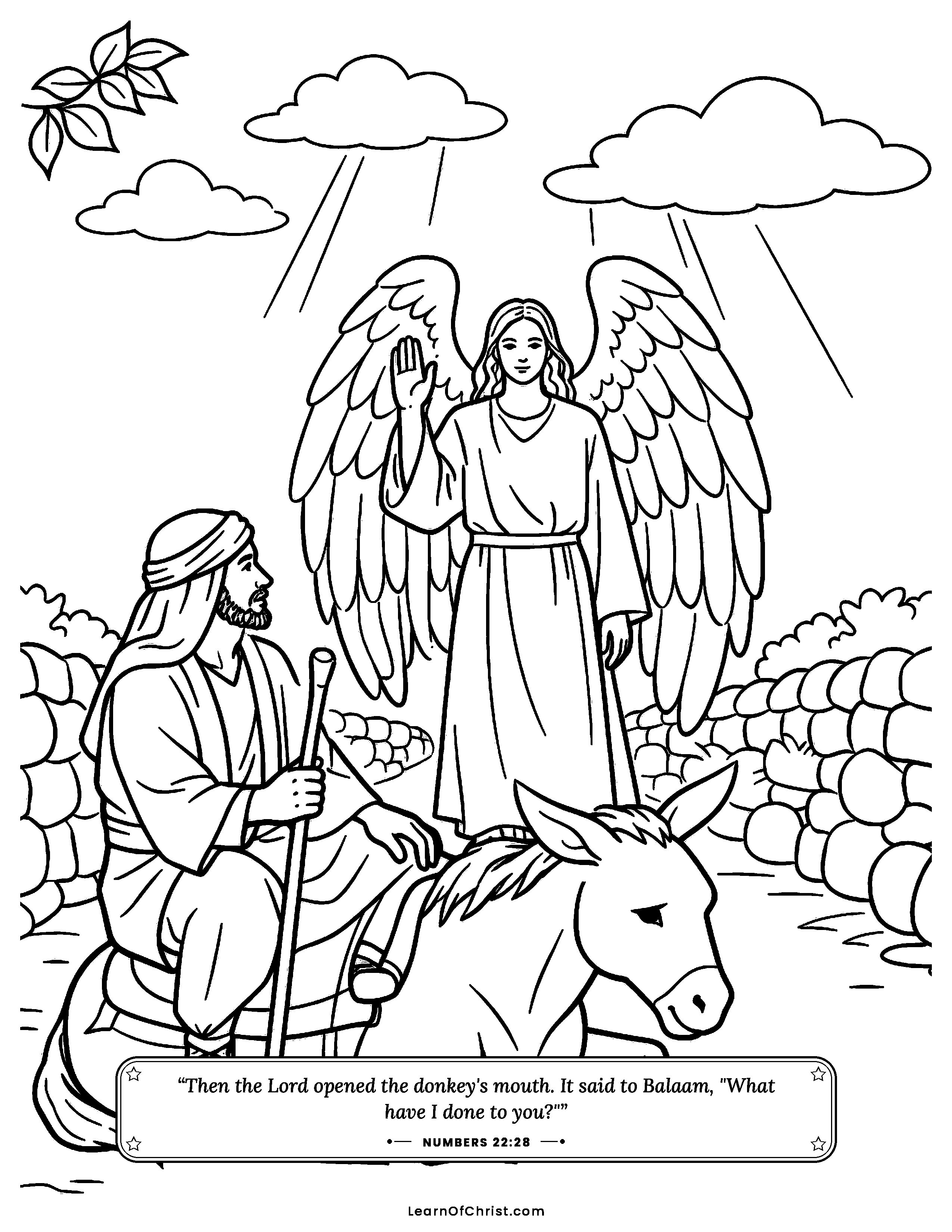 Numbers 22 coloring page - Balaam's donkey stops in the road. Free printable Bible coloring sheet for kids.