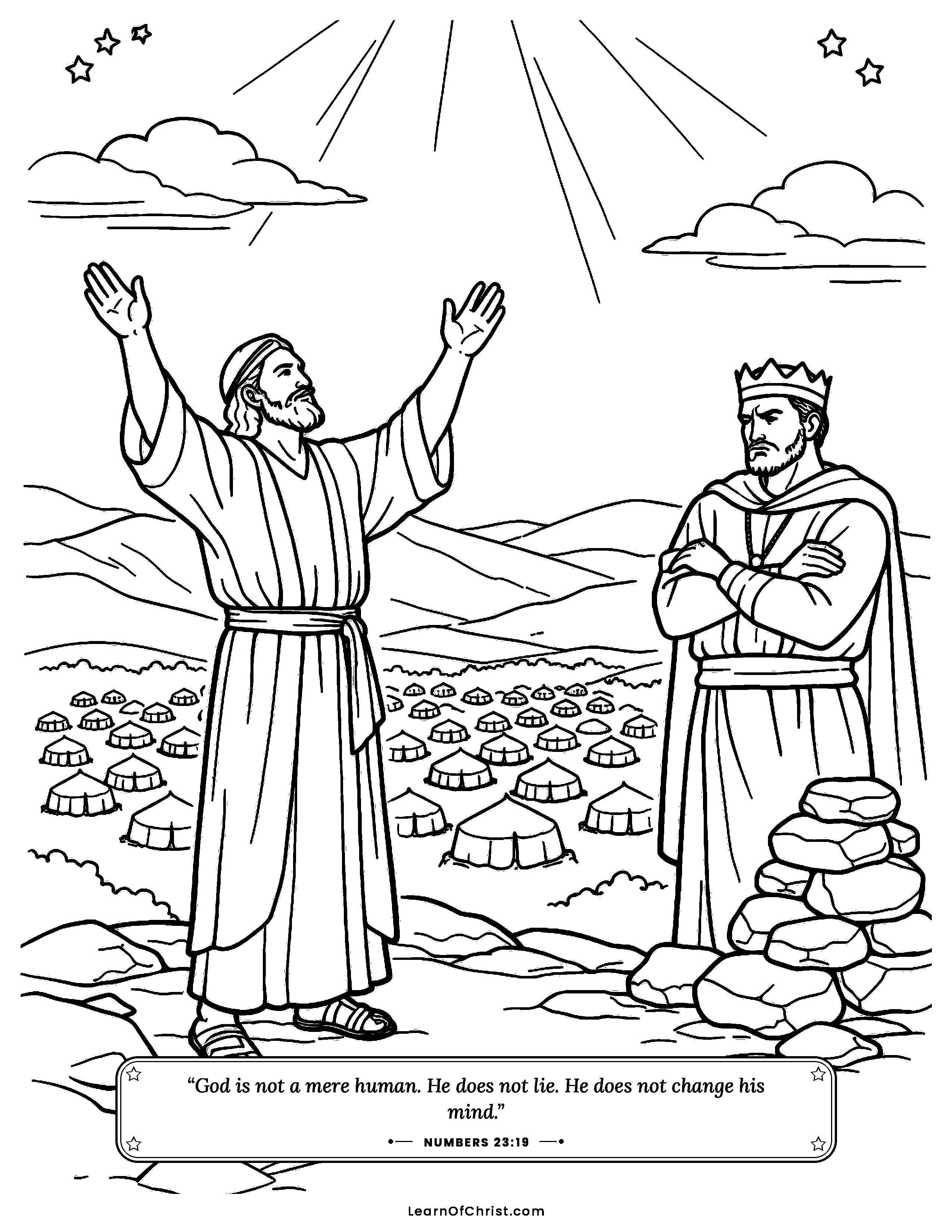 Numbers 23 coloring page - Balaam blesses instead of curses. Free printable Bible coloring sheet for kids.