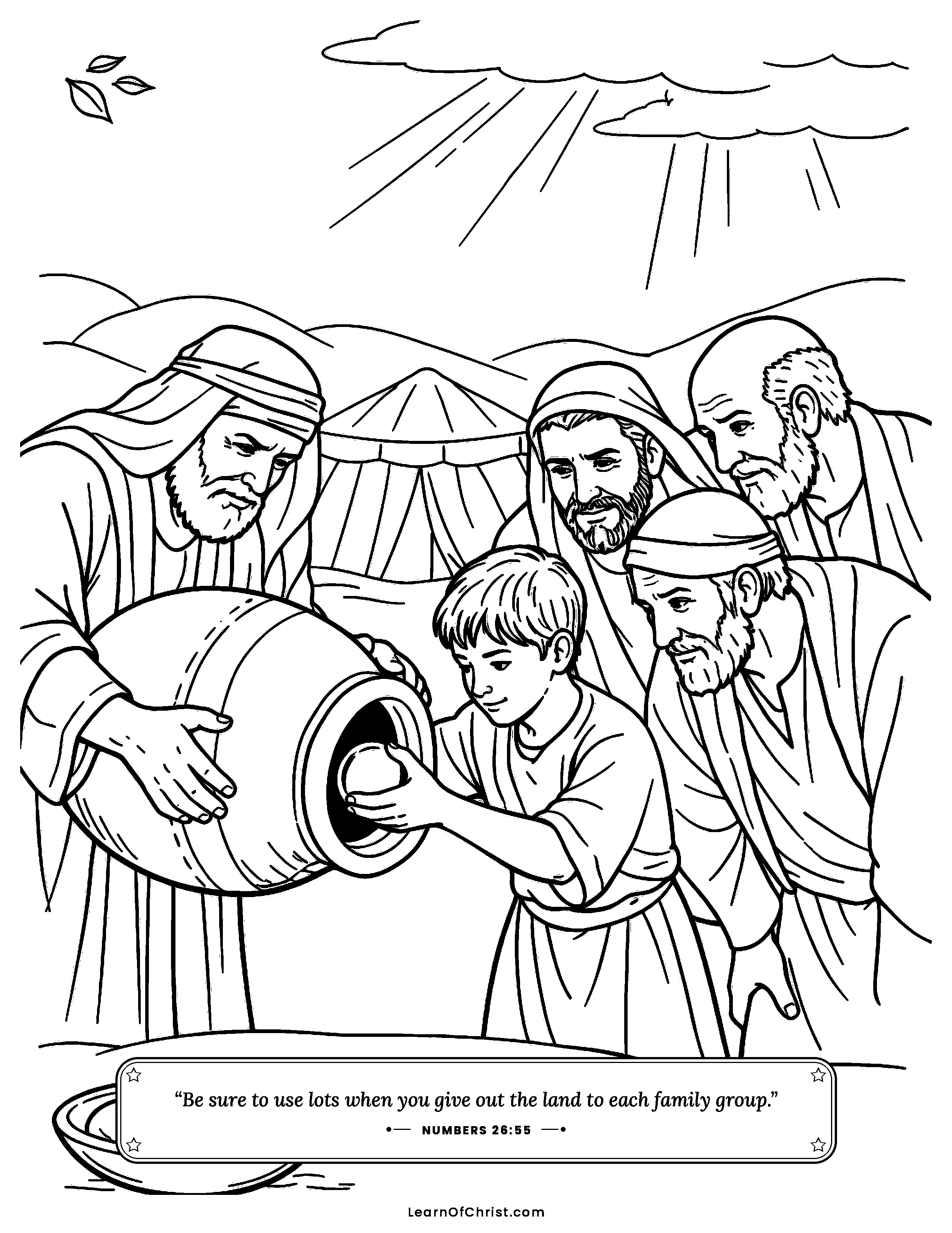 Numbers 26 coloring page - Drawing lots for the new land. Free printable Bible coloring sheet for kids.