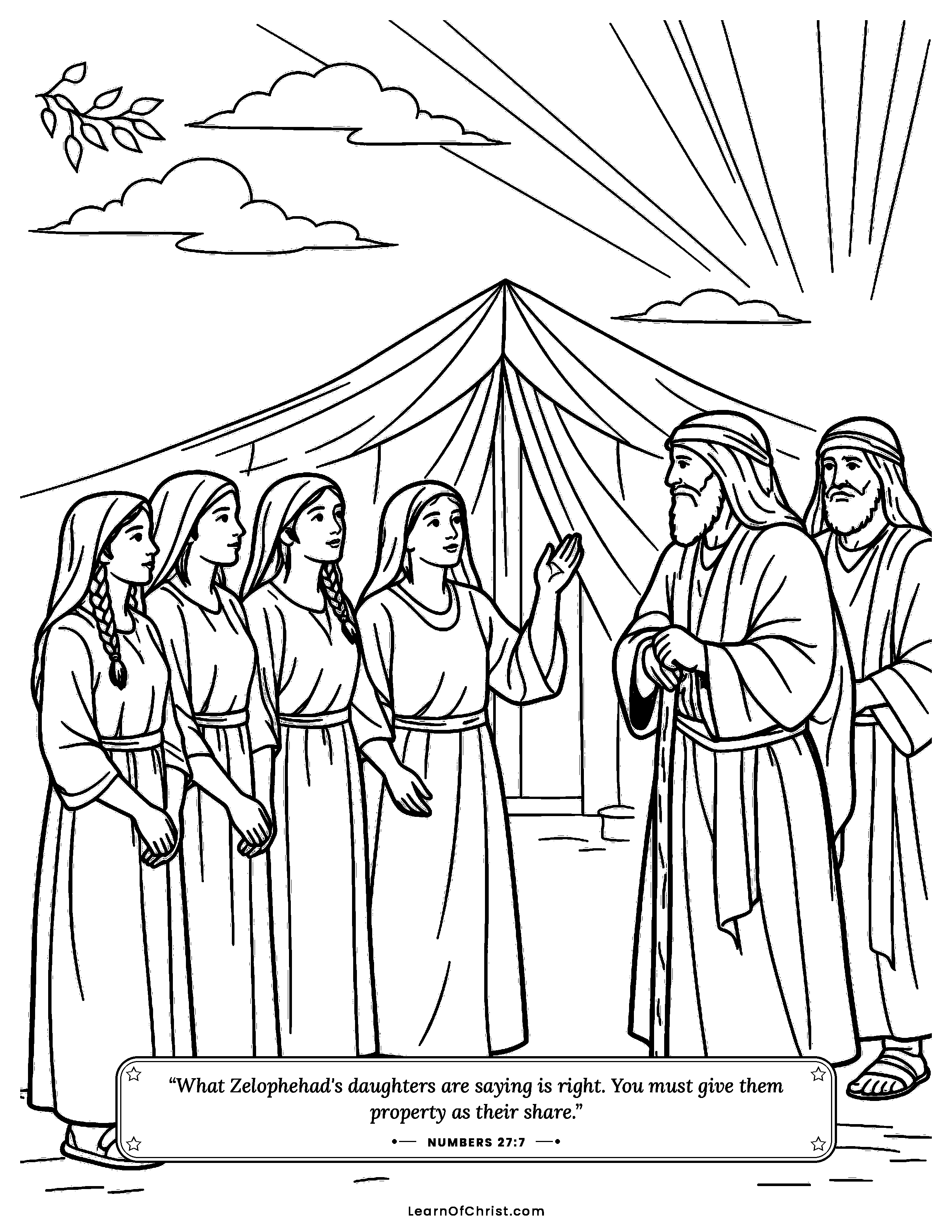 Numbers 27 coloring page - Five sisters bravely speak up. Free printable Bible coloring sheet for kids.