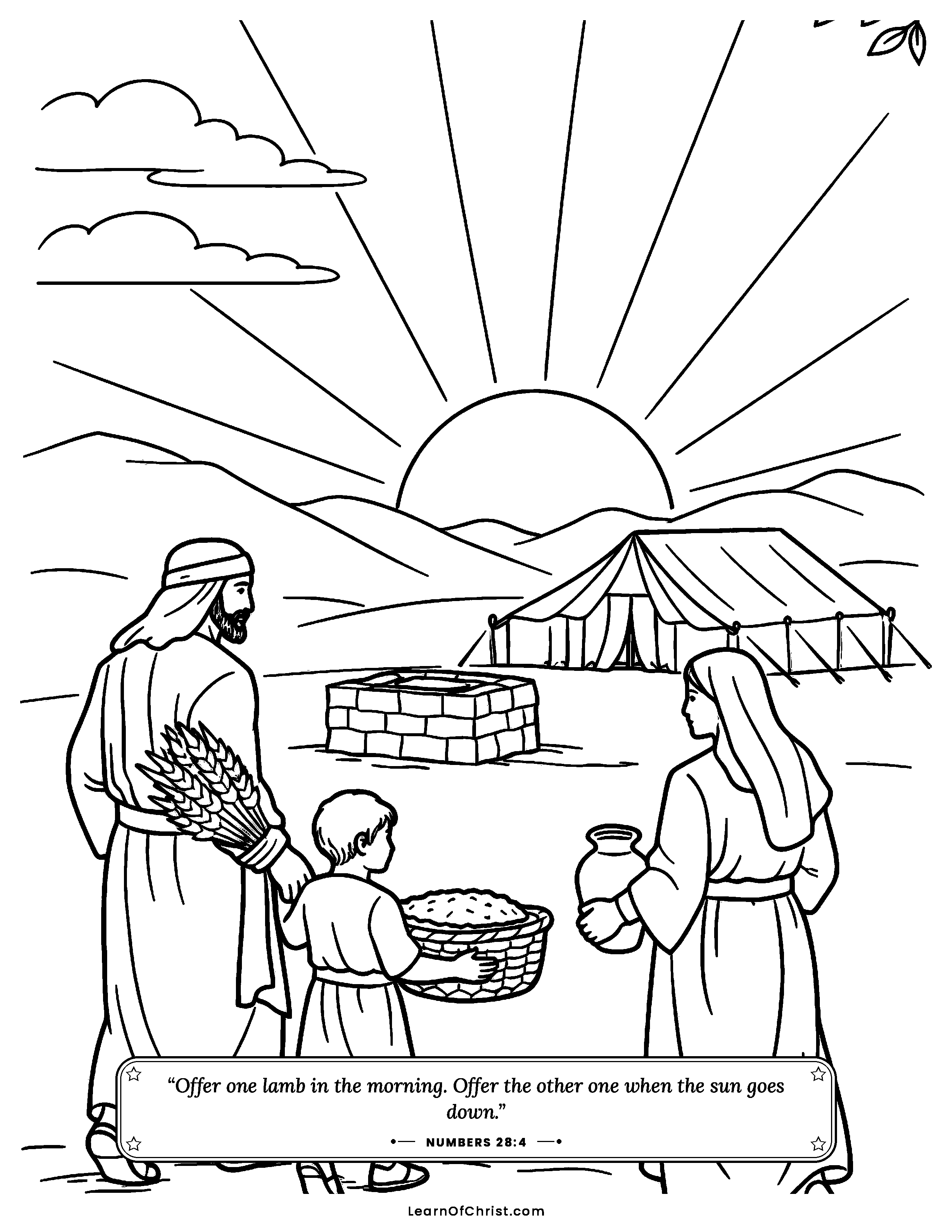 Numbers 28 coloring page - A morning gift at the holy tent. Free printable Bible coloring sheet for kids.