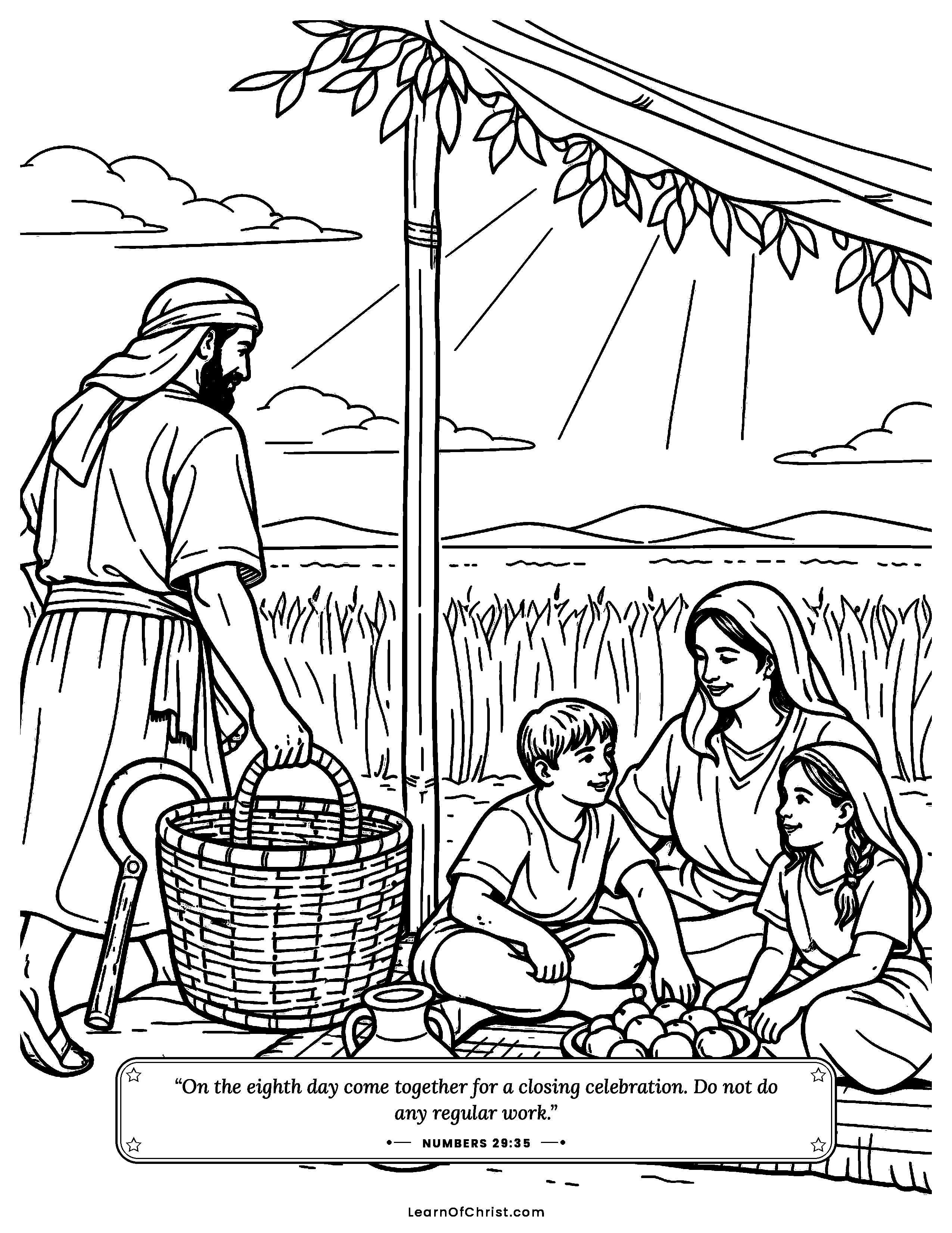 Numbers 29 coloring page - The day when no one works. Free printable Bible coloring sheet for kids.
