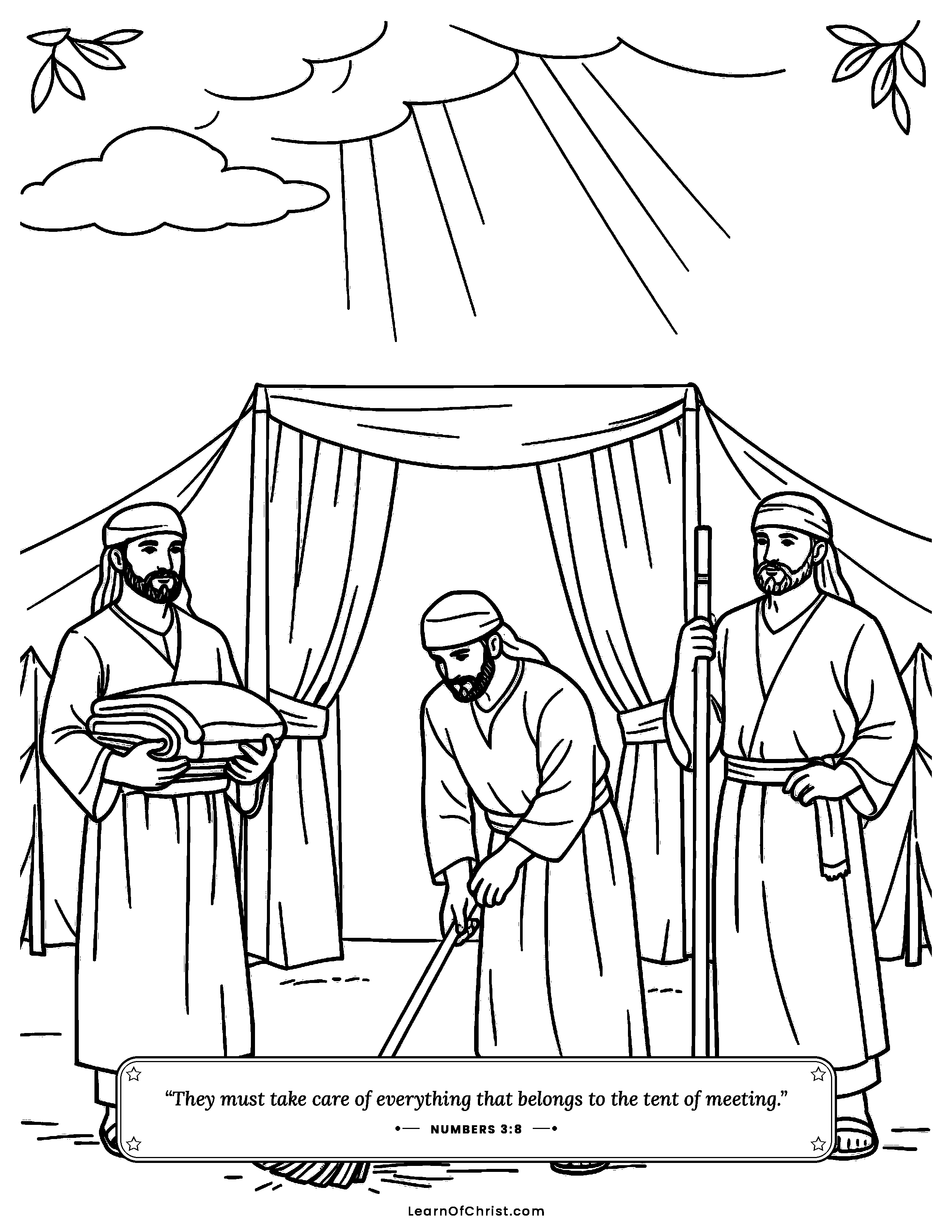 Numbers 3 coloring page - The Levites guard God's holy tent. Free printable Bible coloring sheet for kids.