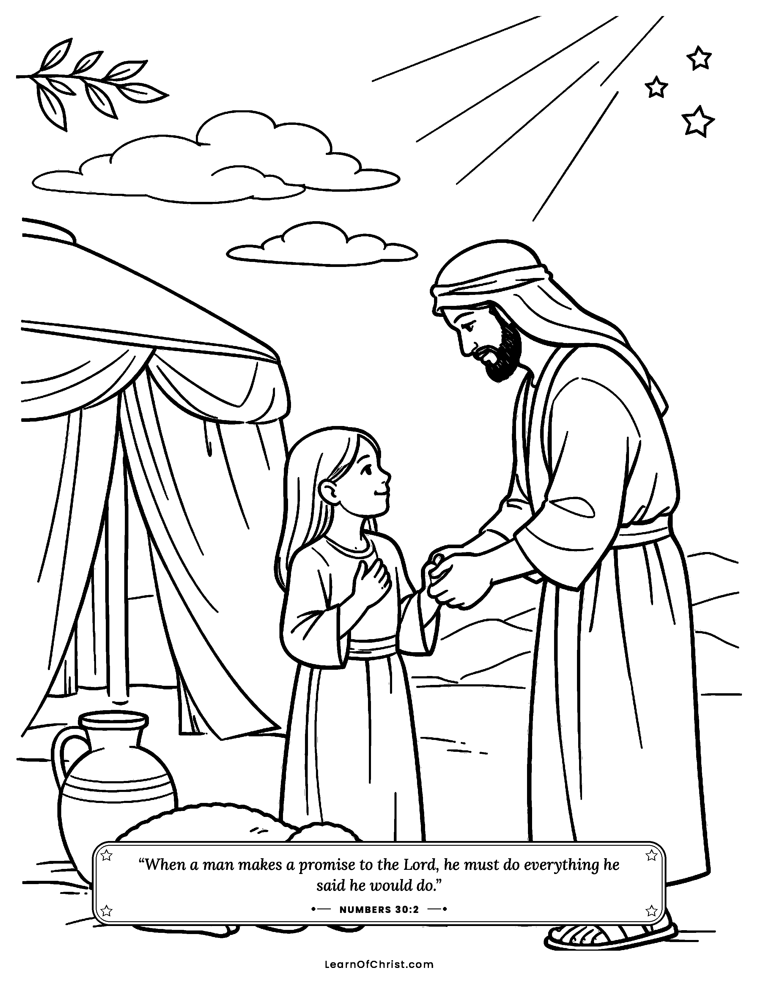 Numbers 30 coloring page - A promise made and kept. Free printable Bible coloring sheet for kids.
