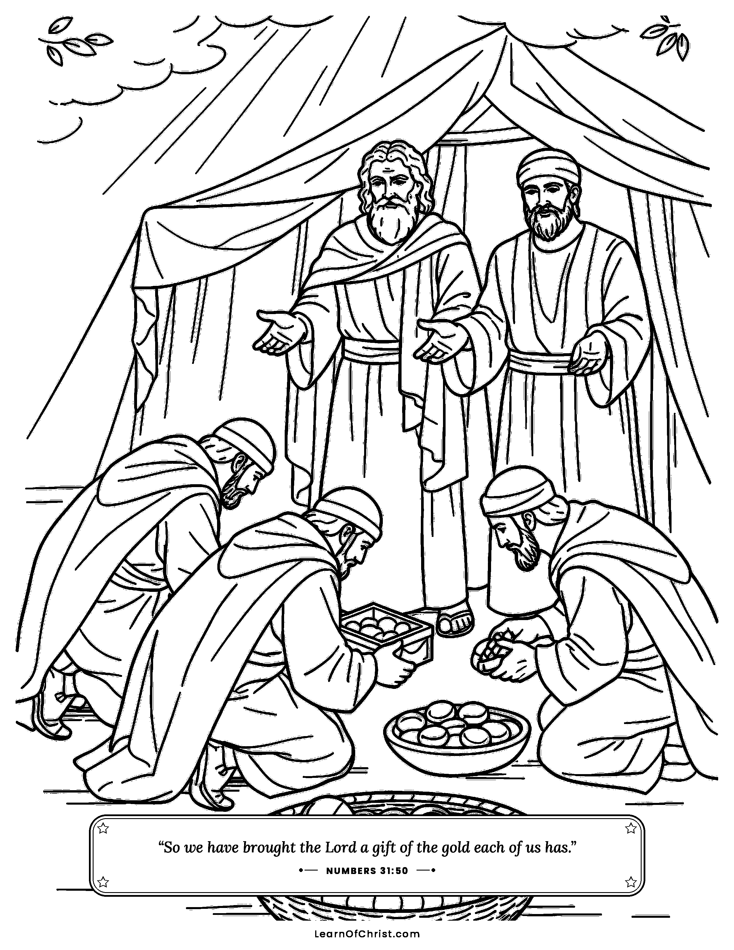 Numbers 31 coloring page - A thank-you gift of gold. Free printable Bible coloring sheet for kids.