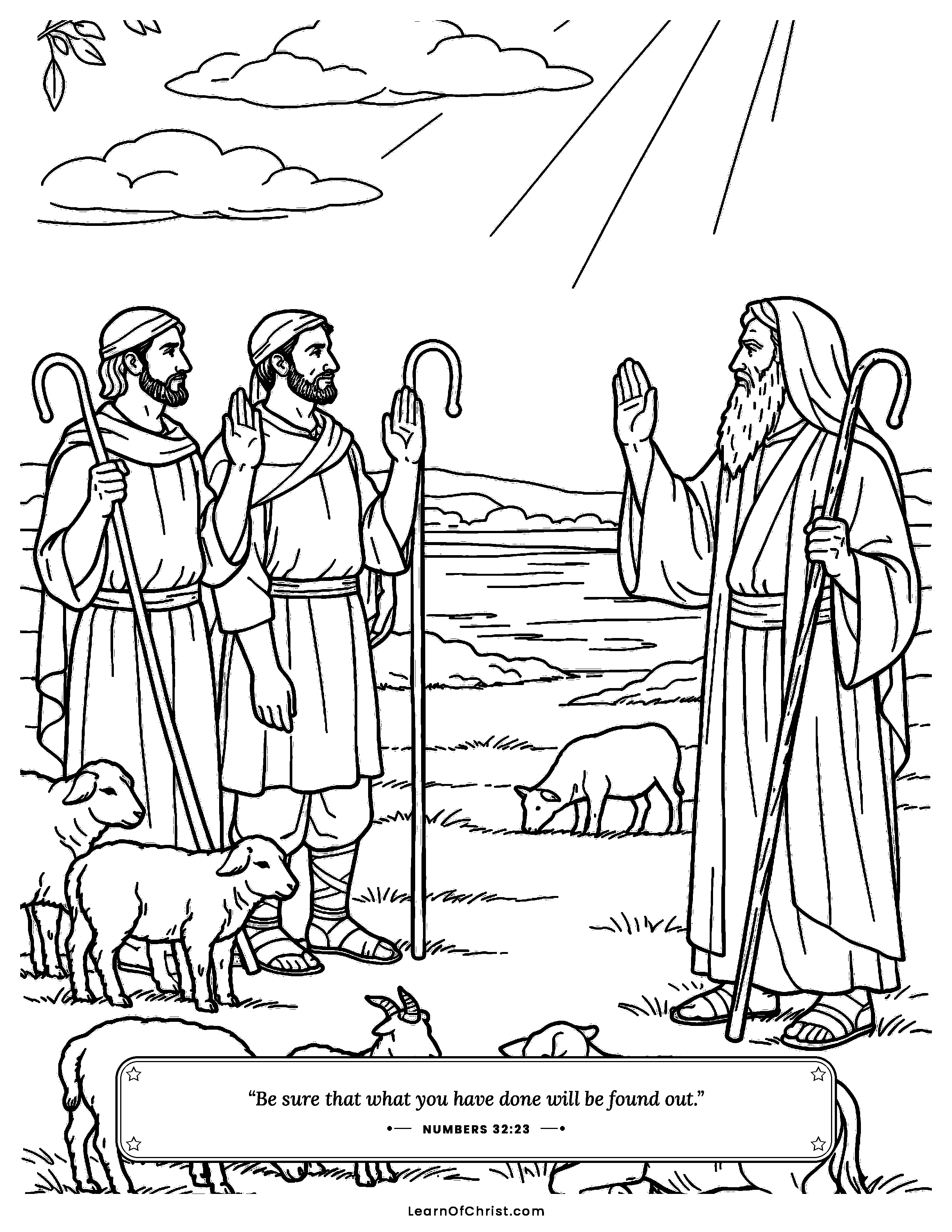 Numbers 32 coloring page - Shepherds promise to help their brothers. Free printable Bible coloring sheet for kids.