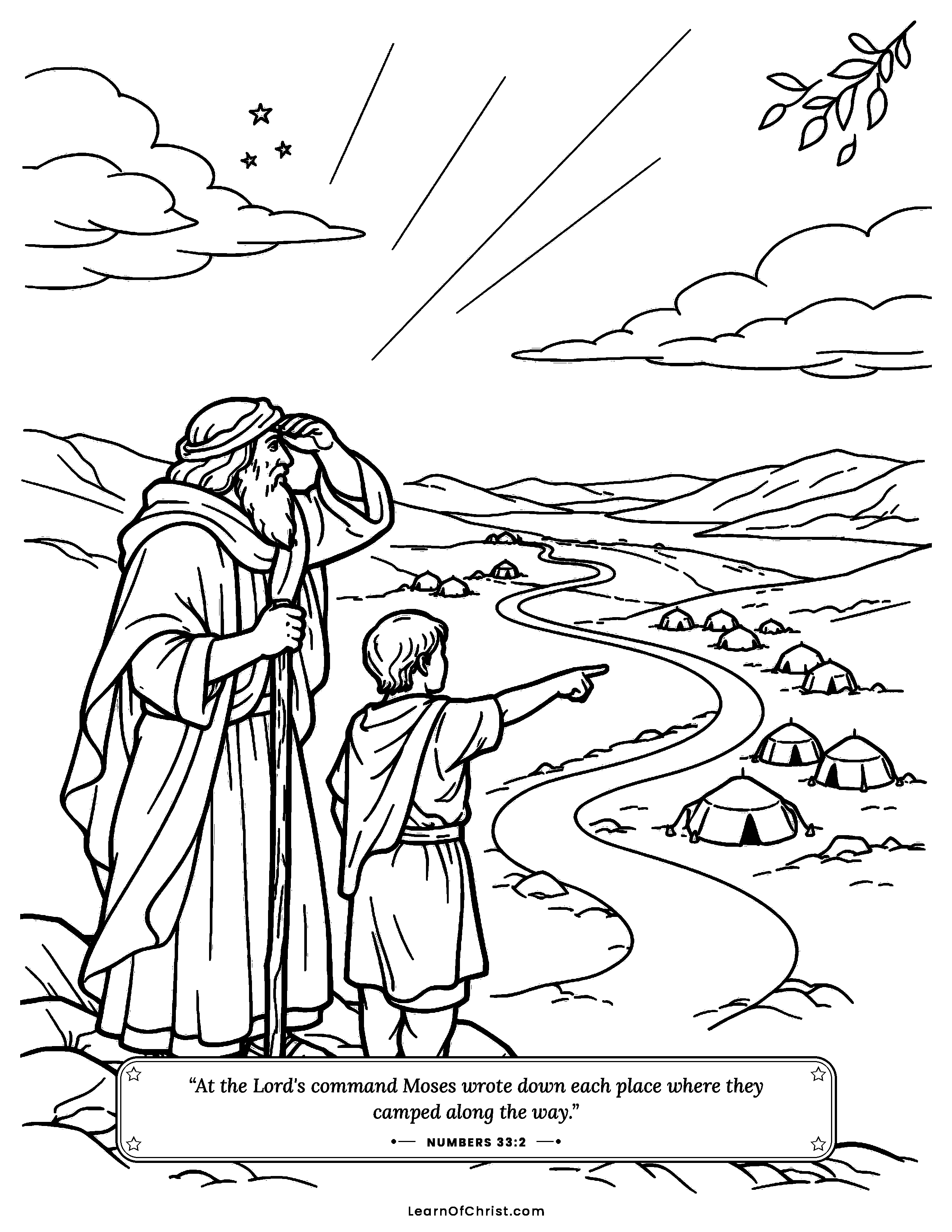 Numbers 33 coloring page - Looking back over the long journey. Free printable Bible coloring sheet for kids.