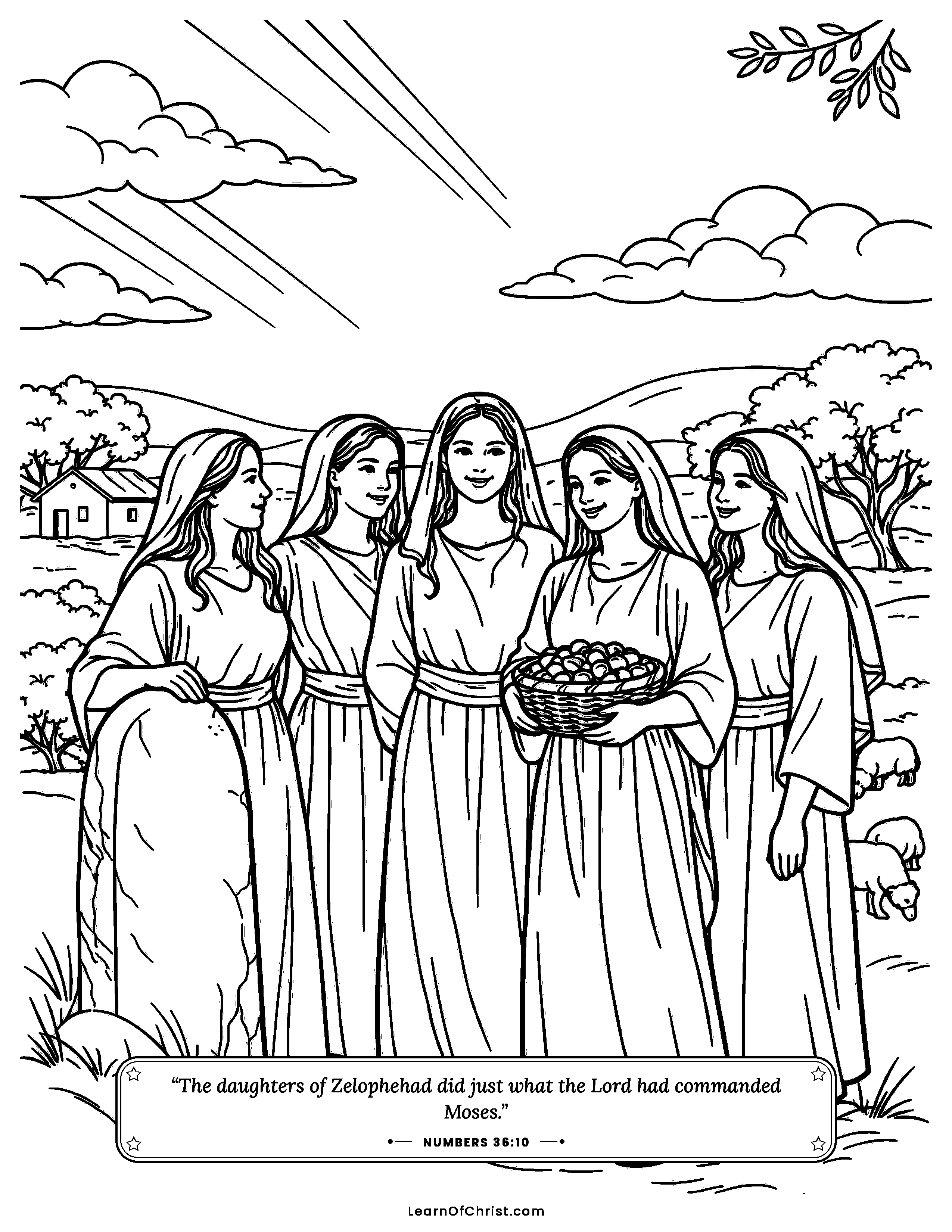Numbers 36 coloring page - Five sisters keep their family land. Free printable Bible coloring sheet for kids.