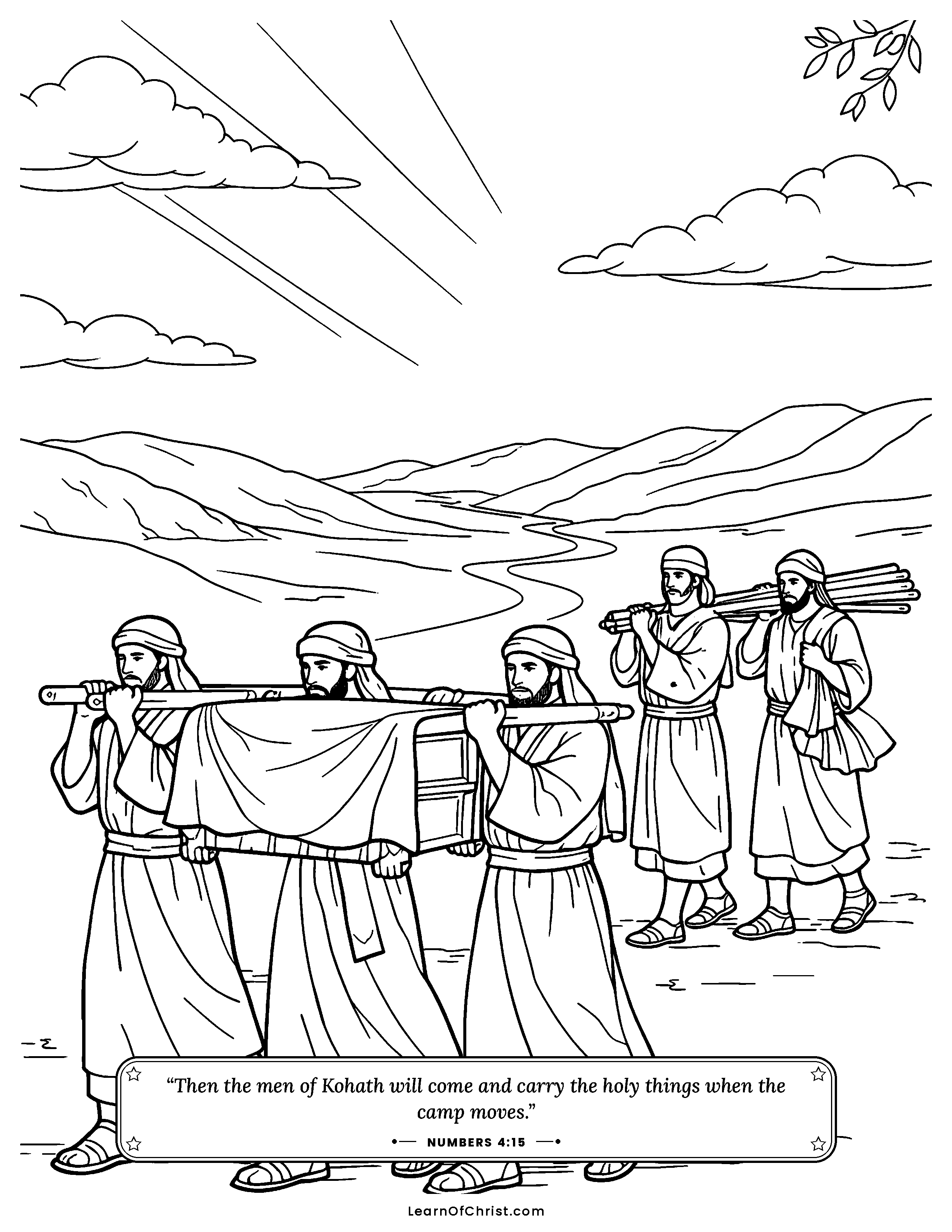 Numbers 4 coloring page - Carrying God's tent across the desert. Free printable Bible coloring sheet for kids.