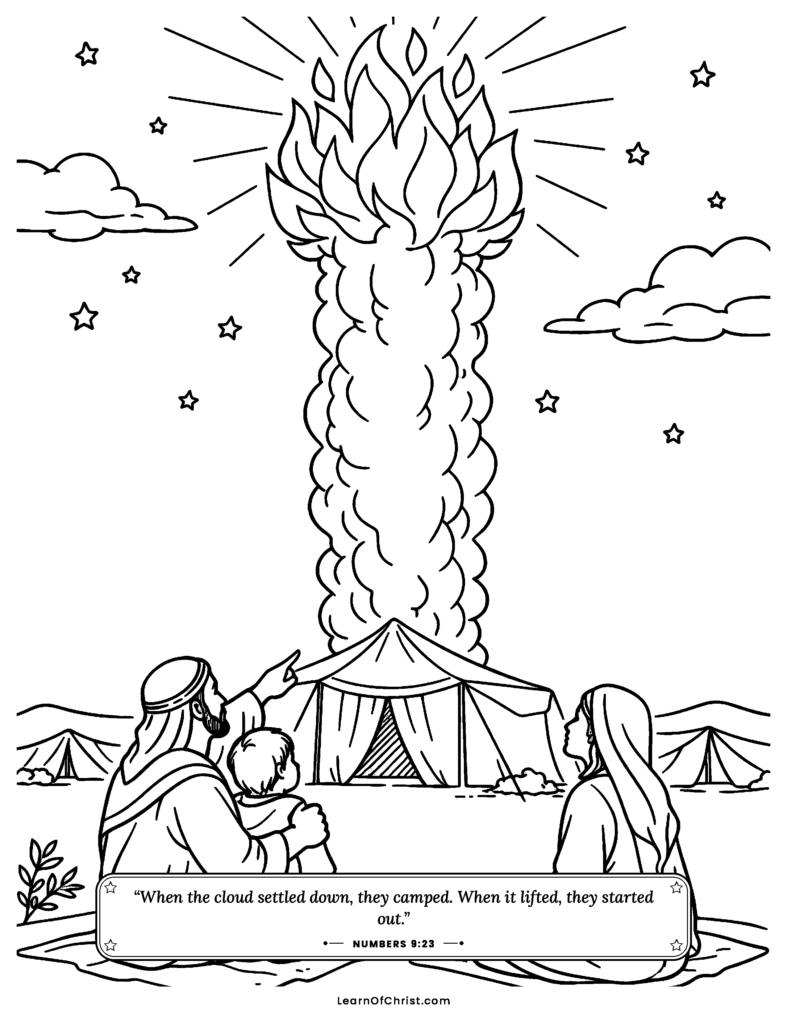 Numbers 9 coloring page - The pillar of fire over the tent. Free printable Bible coloring sheet for kids.