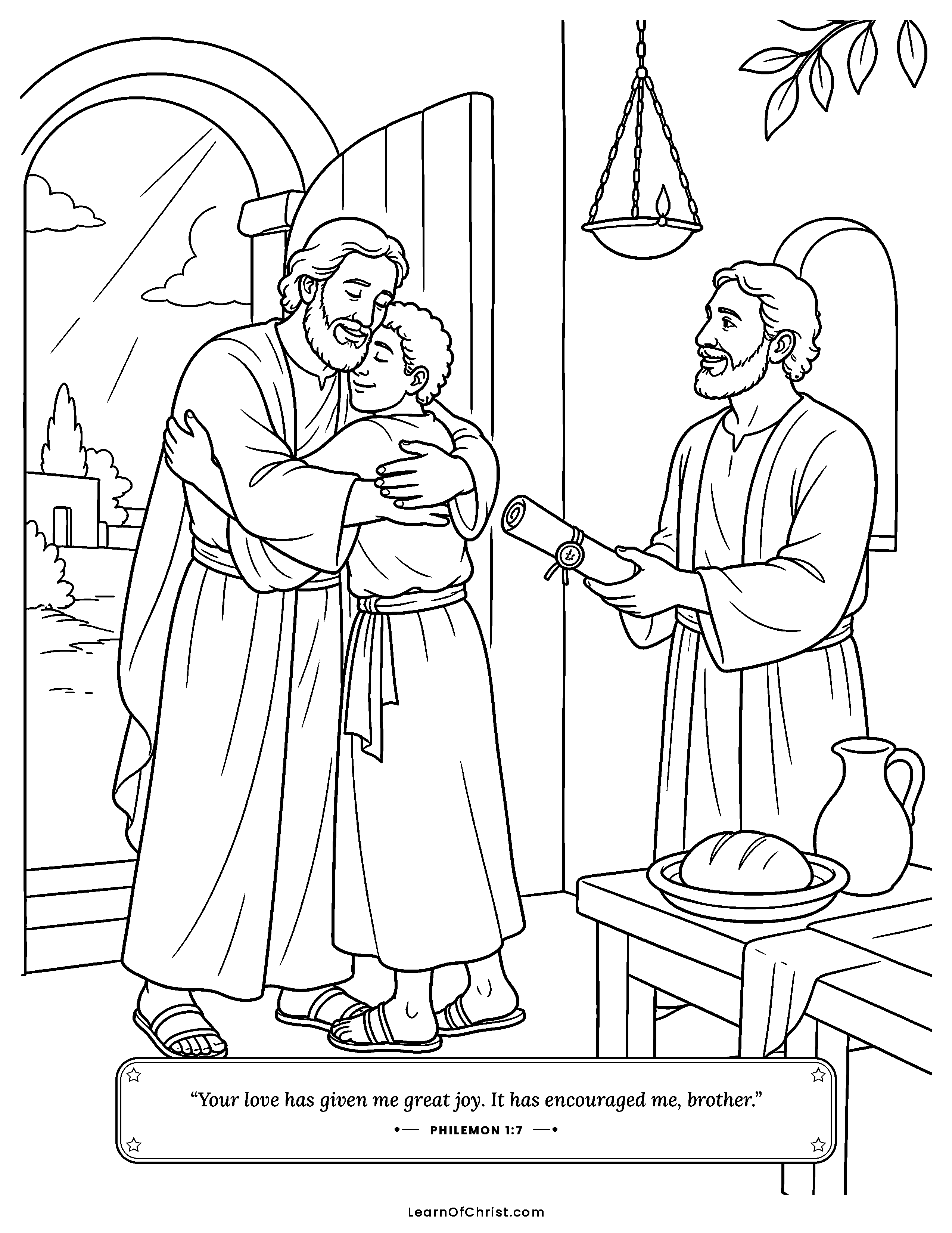 Philemon 1 coloring page - A runaway welcomed home as a brother. Free printable Bible coloring sheet for kids.
