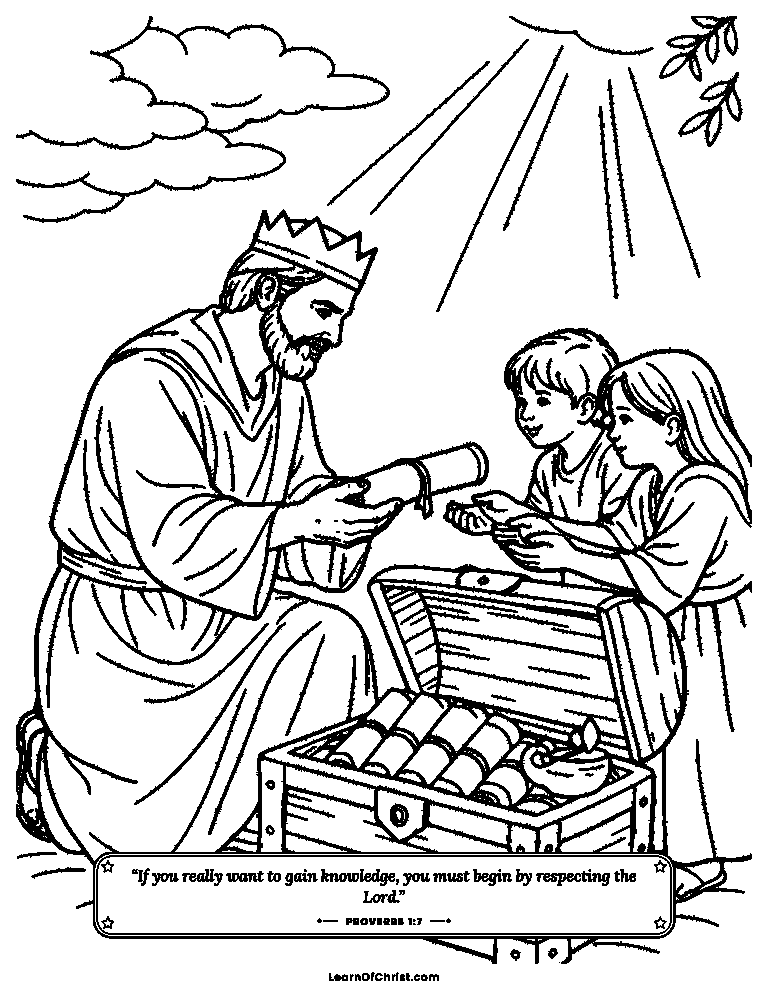 Proverbs 1 coloring page - Solomon opens a treasure box of wisdom