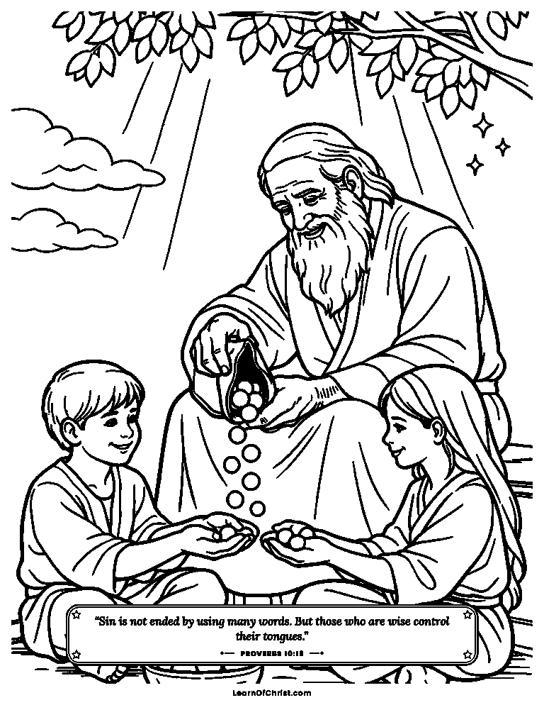Proverbs 10 coloring page - A grandfather handing out small bright stones