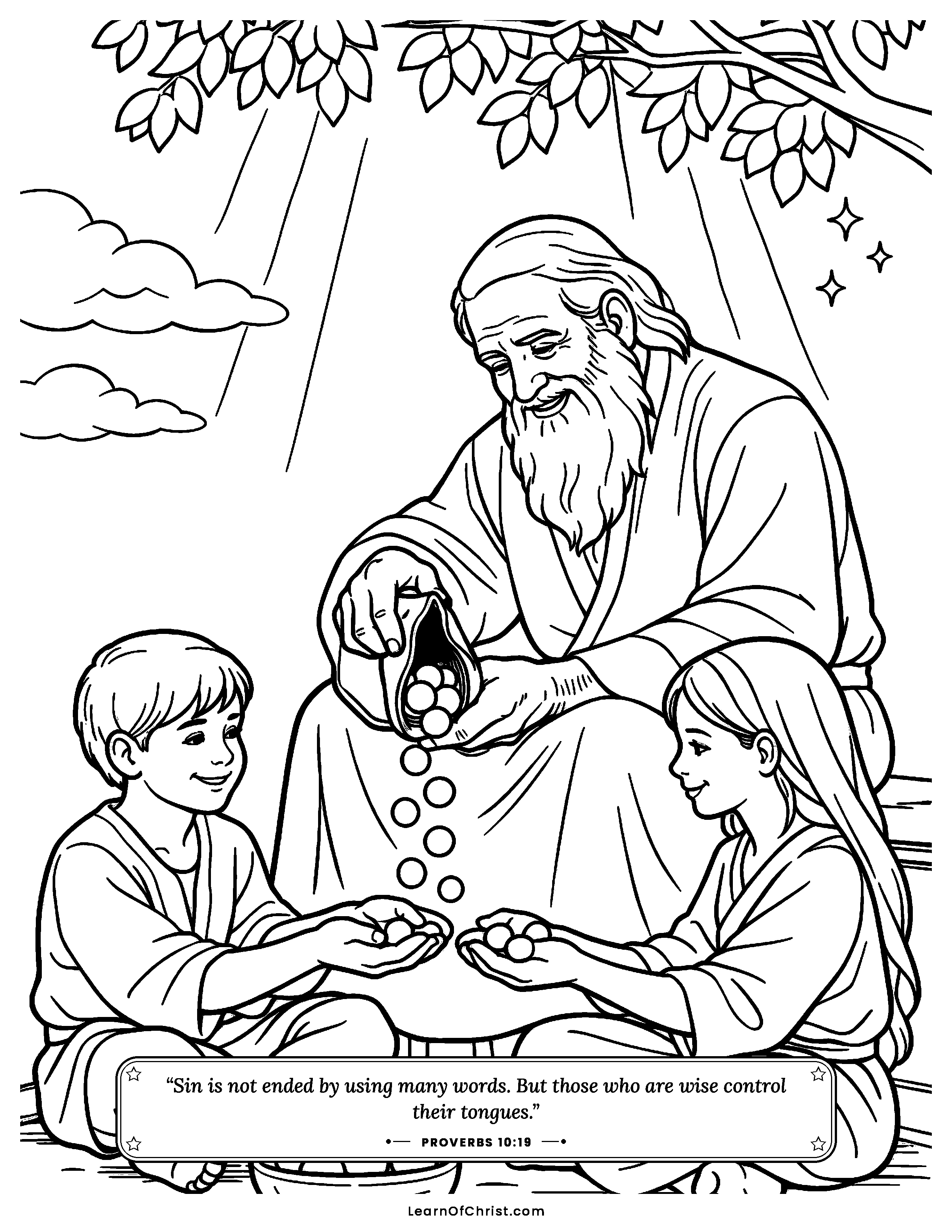 Proverbs 10 coloring page - A grandfather handing out small bright stones. Free printable Bible coloring sheet for kids.