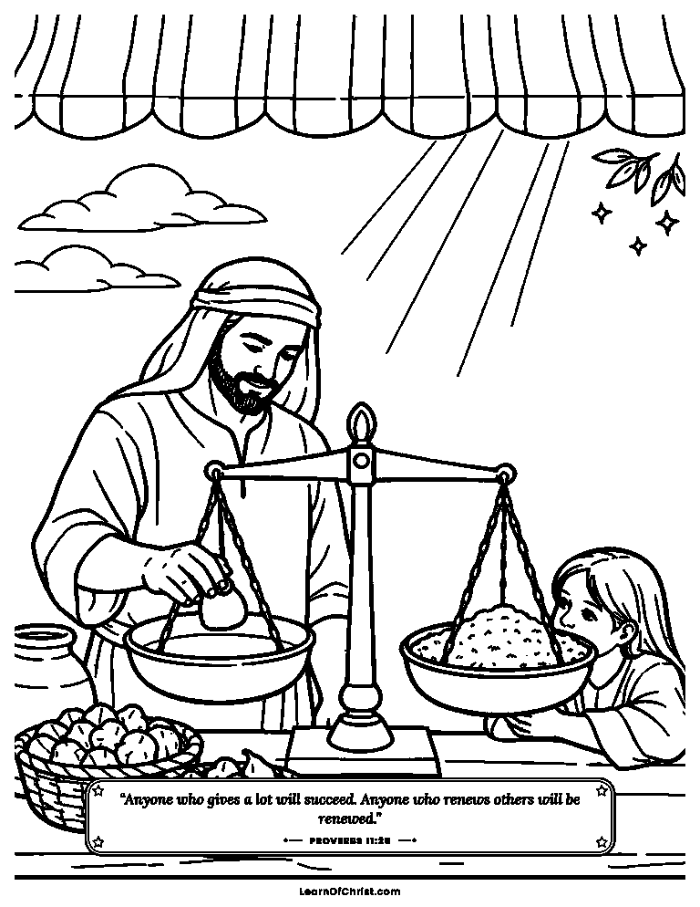 Proverbs 11 coloring page - An honest balance scale at the market