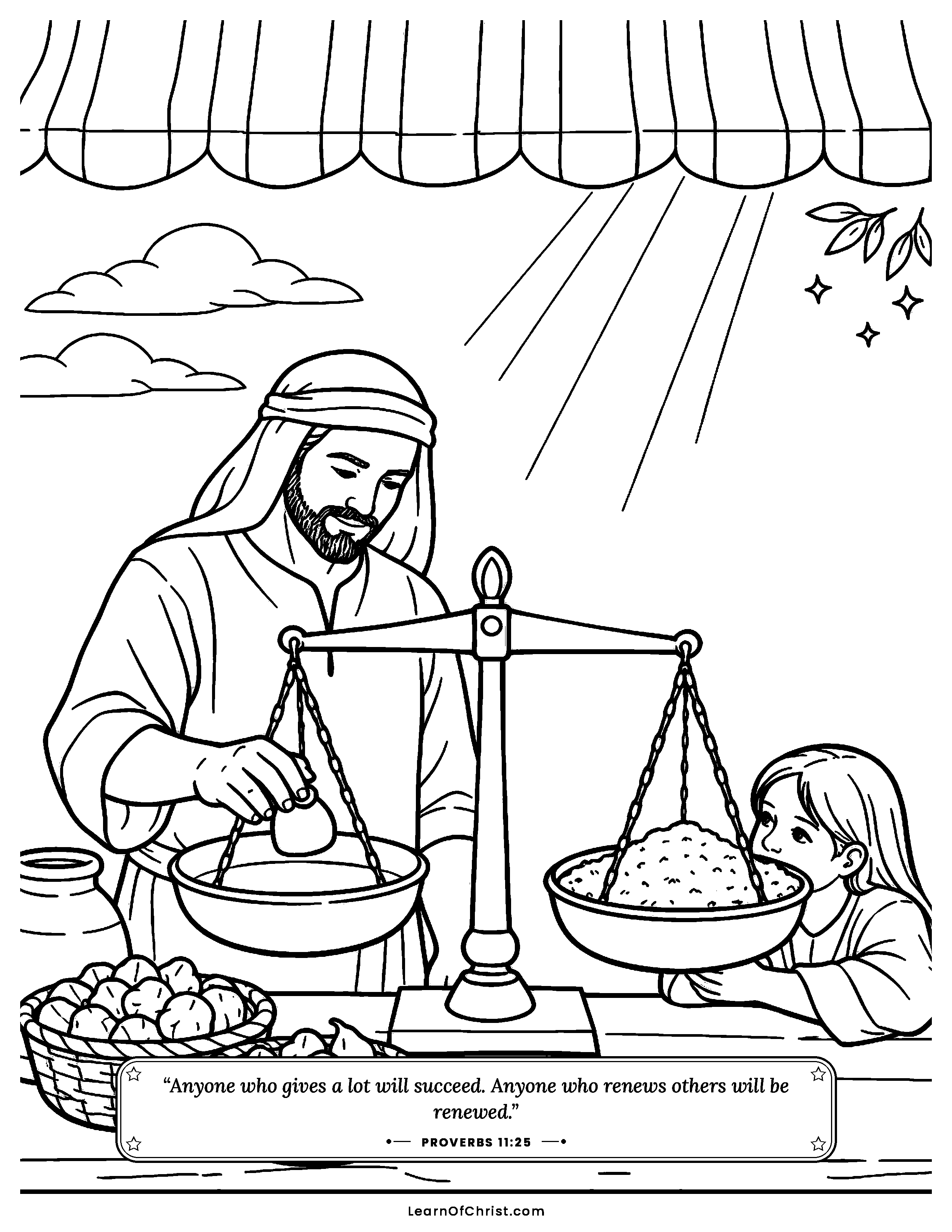 Proverbs 11 coloring page - An honest balance scale at the market. Free printable Bible coloring sheet for kids.