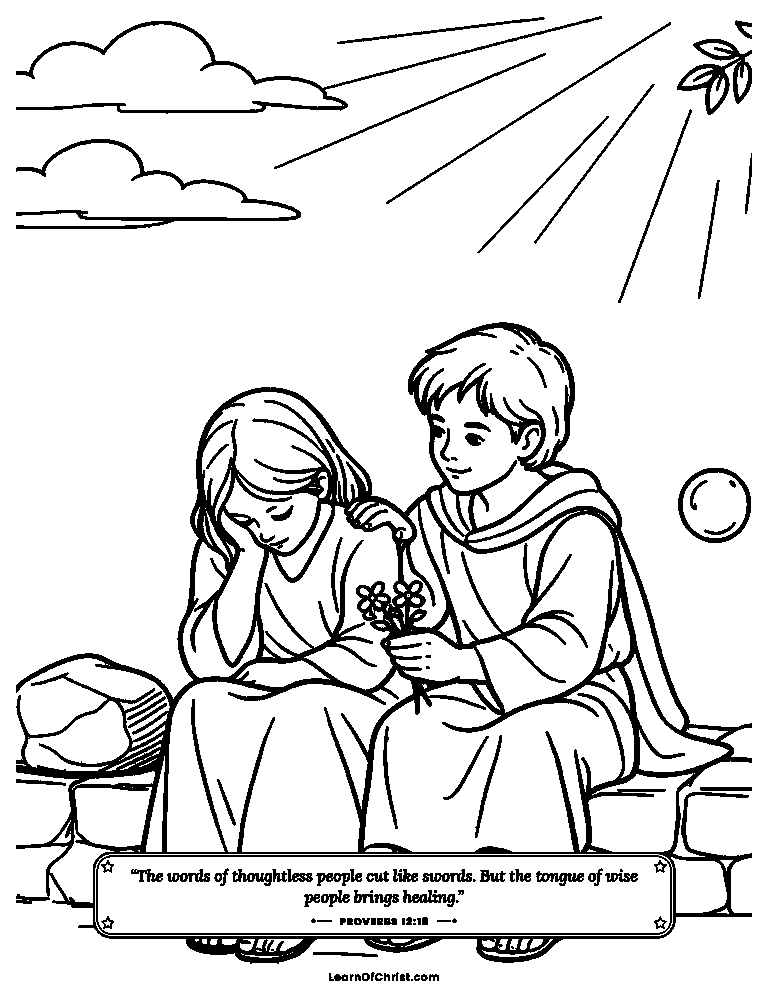 Proverbs 12 coloring page - Kind words that help a sad friend