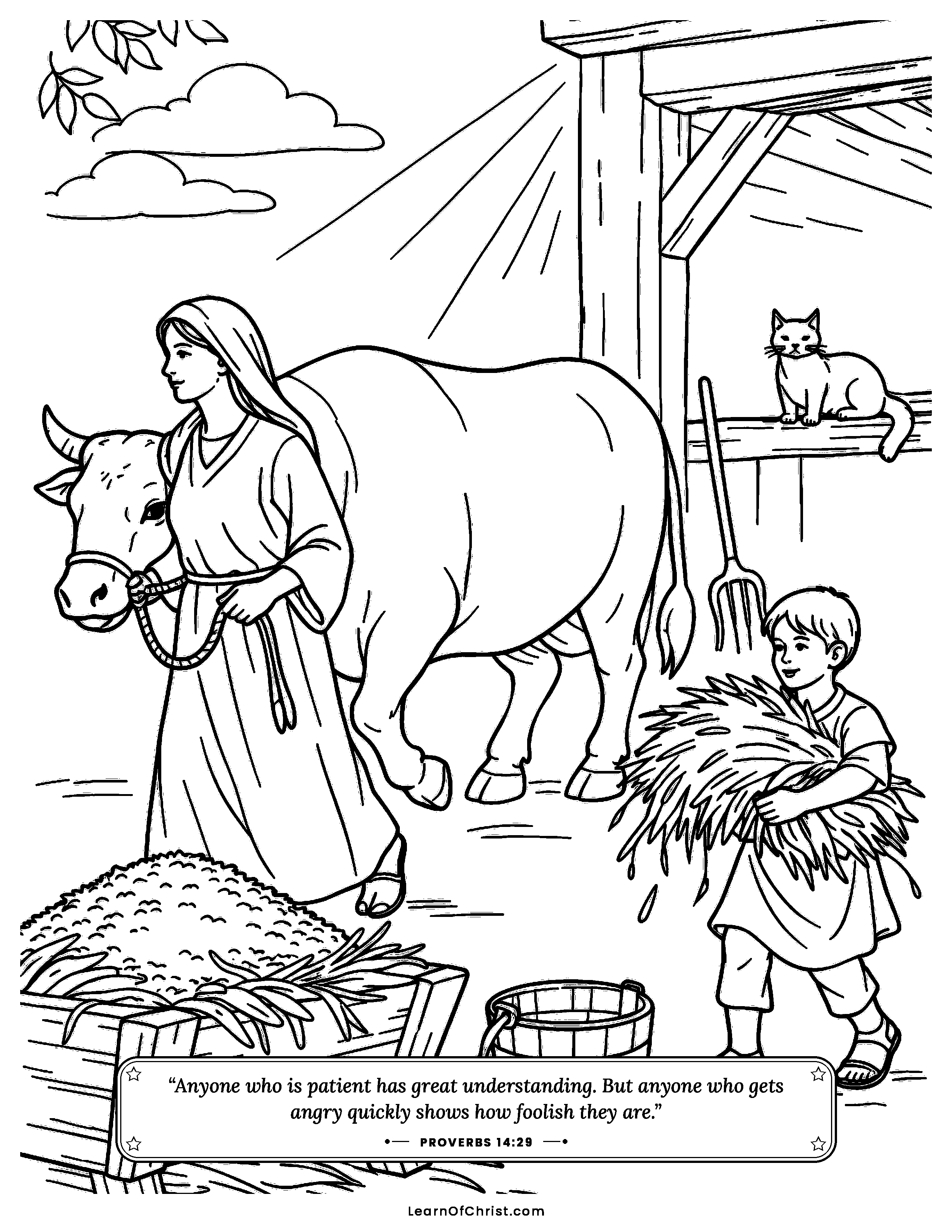 Proverbs 14 coloring page - A strong ox and a full manger. Free printable Bible coloring sheet for kids.