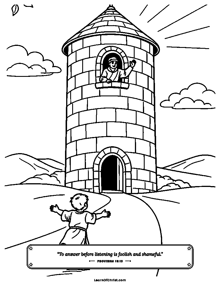 Proverbs 18 coloring page - Running to a strong safe tower