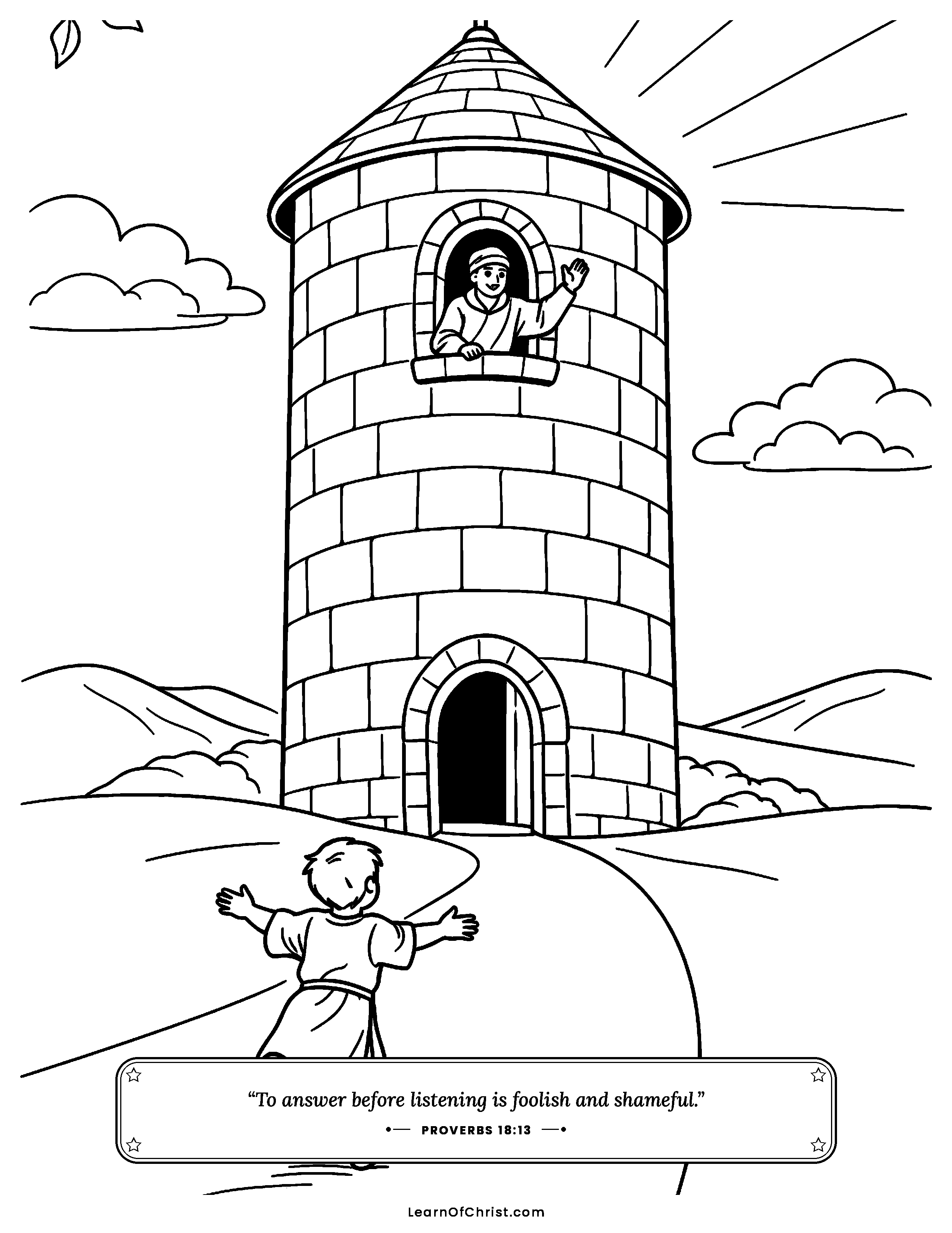 Proverbs 18 coloring page - Running to a strong safe tower. Free printable Bible coloring sheet for kids.