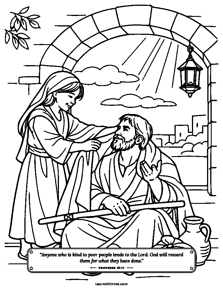 Proverbs 19 coloring page - Giving a warm cloak to a traveller
