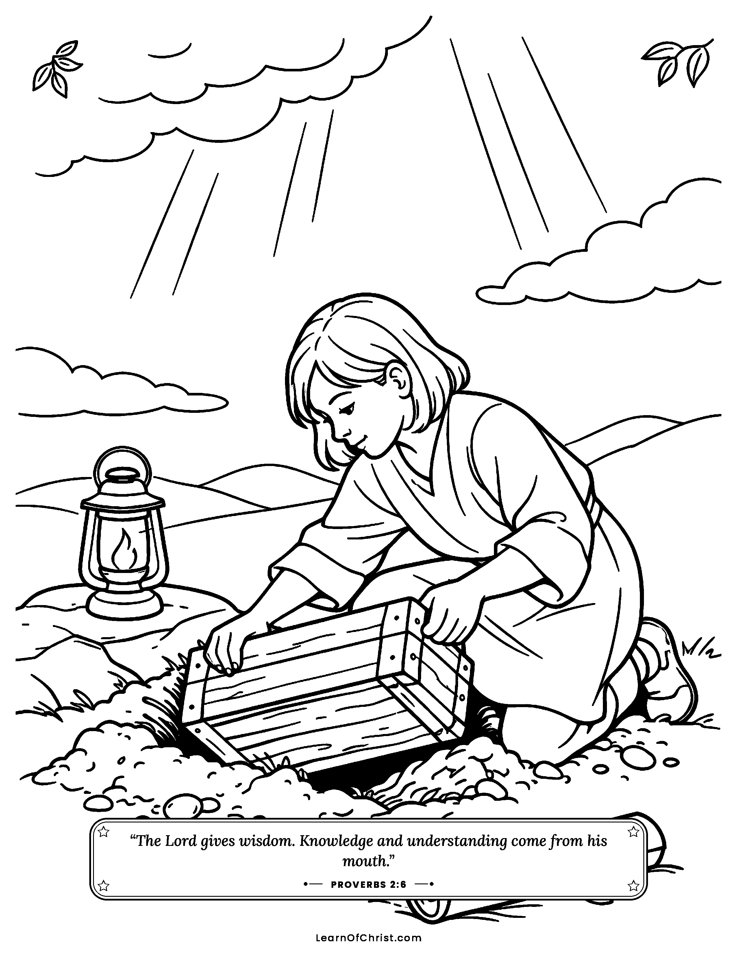 Proverbs 2 coloring page - Digging for wisdom like buried treasure. Free printable Bible coloring sheet for kids.