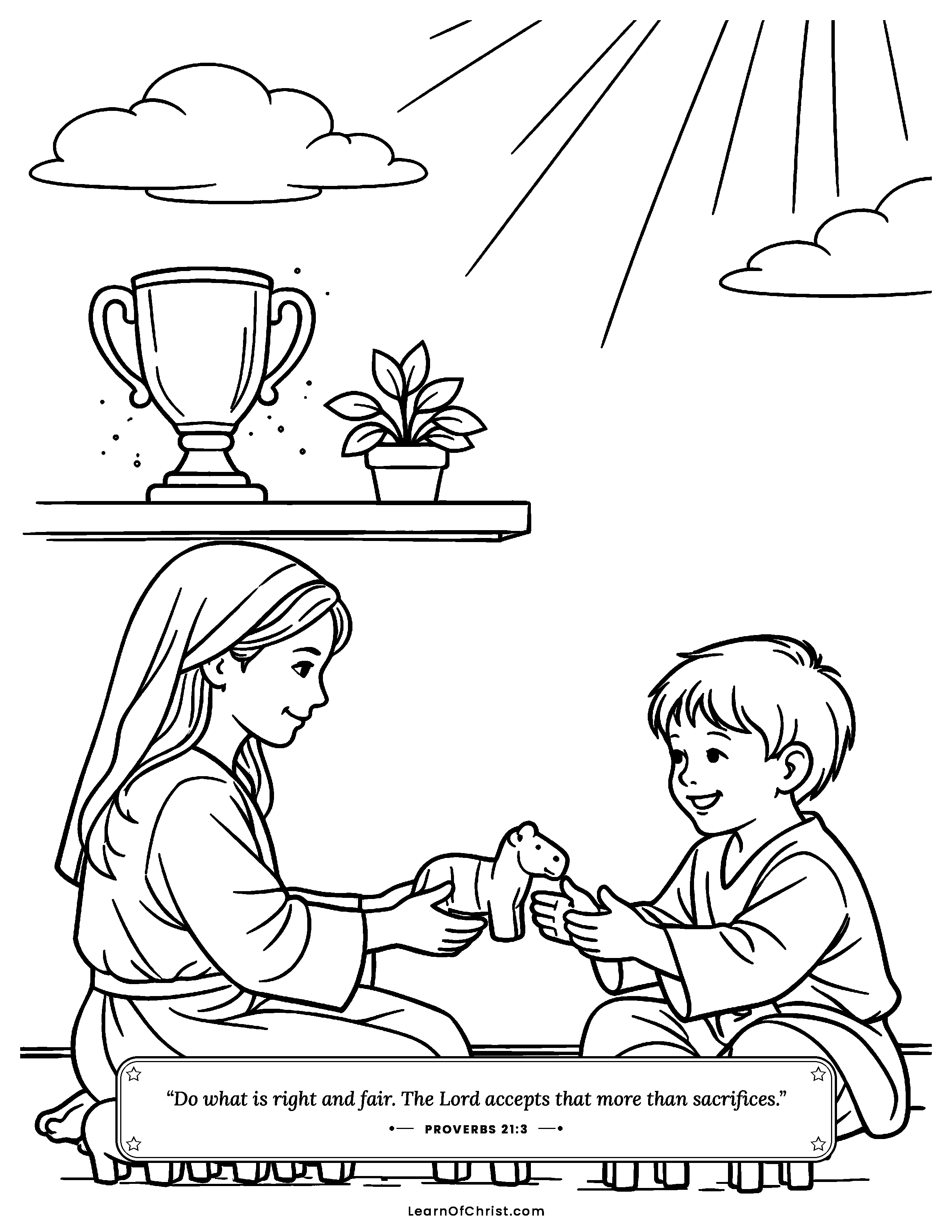 Proverbs 21 coloring page - Sharing toys instead of showing off. Free printable Bible coloring sheet for kids.