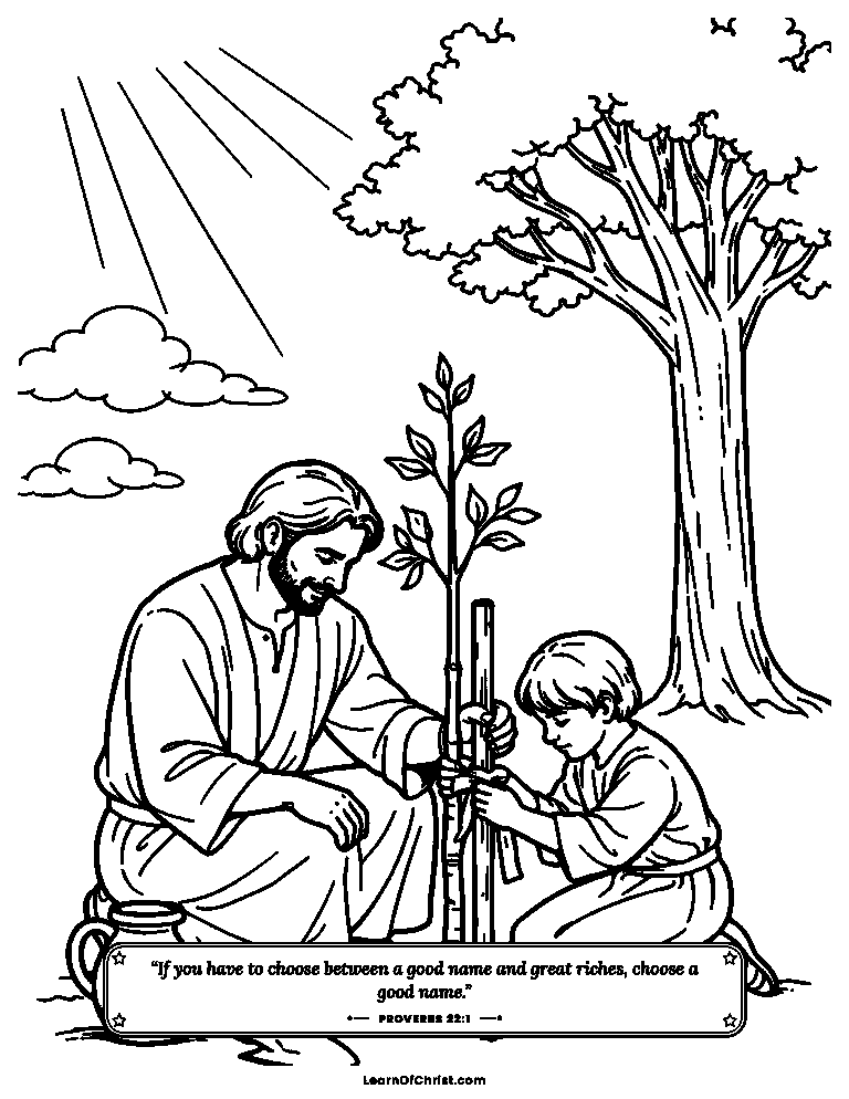 Proverbs 22 coloring page - Tying a young tree so it grows straight