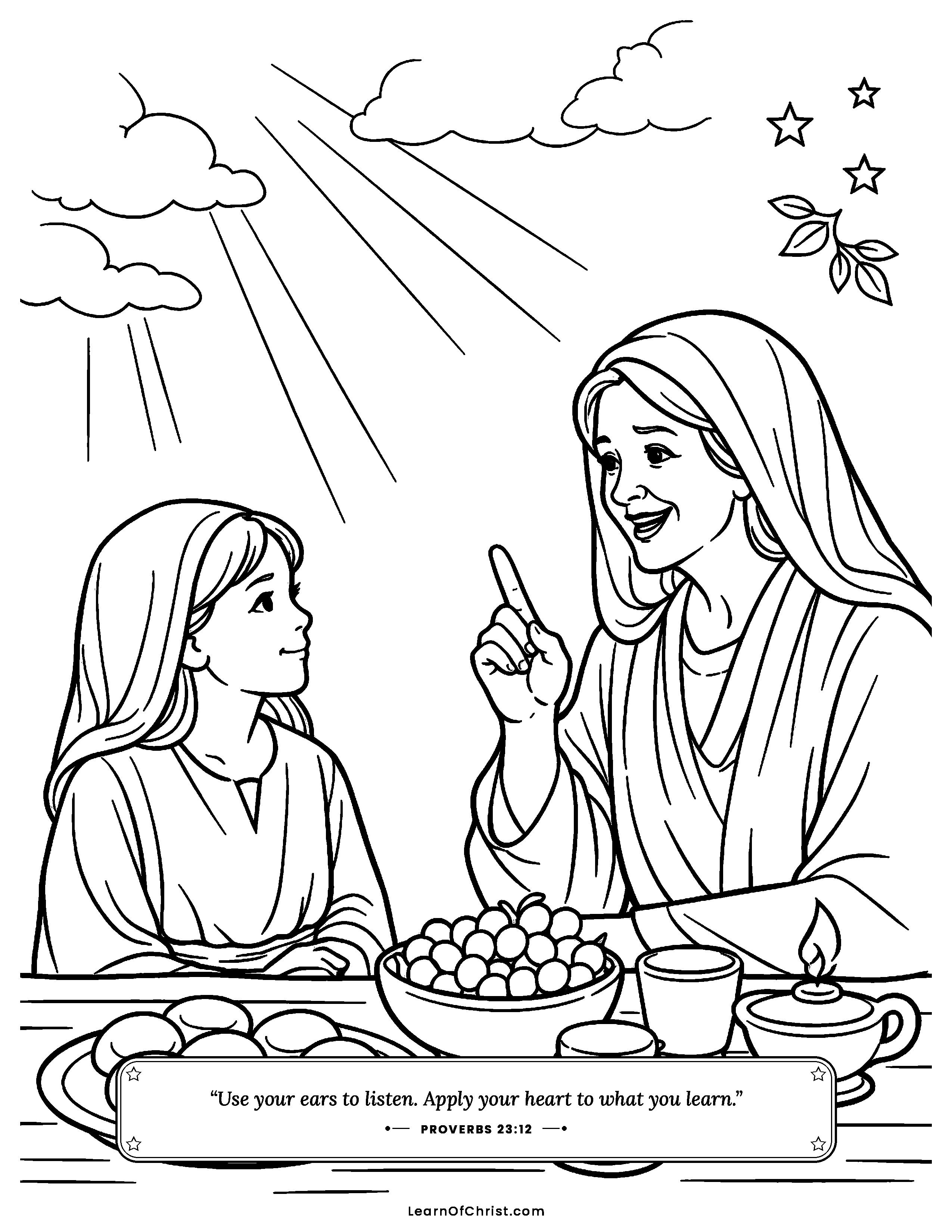 Proverbs 23 coloring page - Listening well at a full table. Free printable Bible coloring sheet for kids.