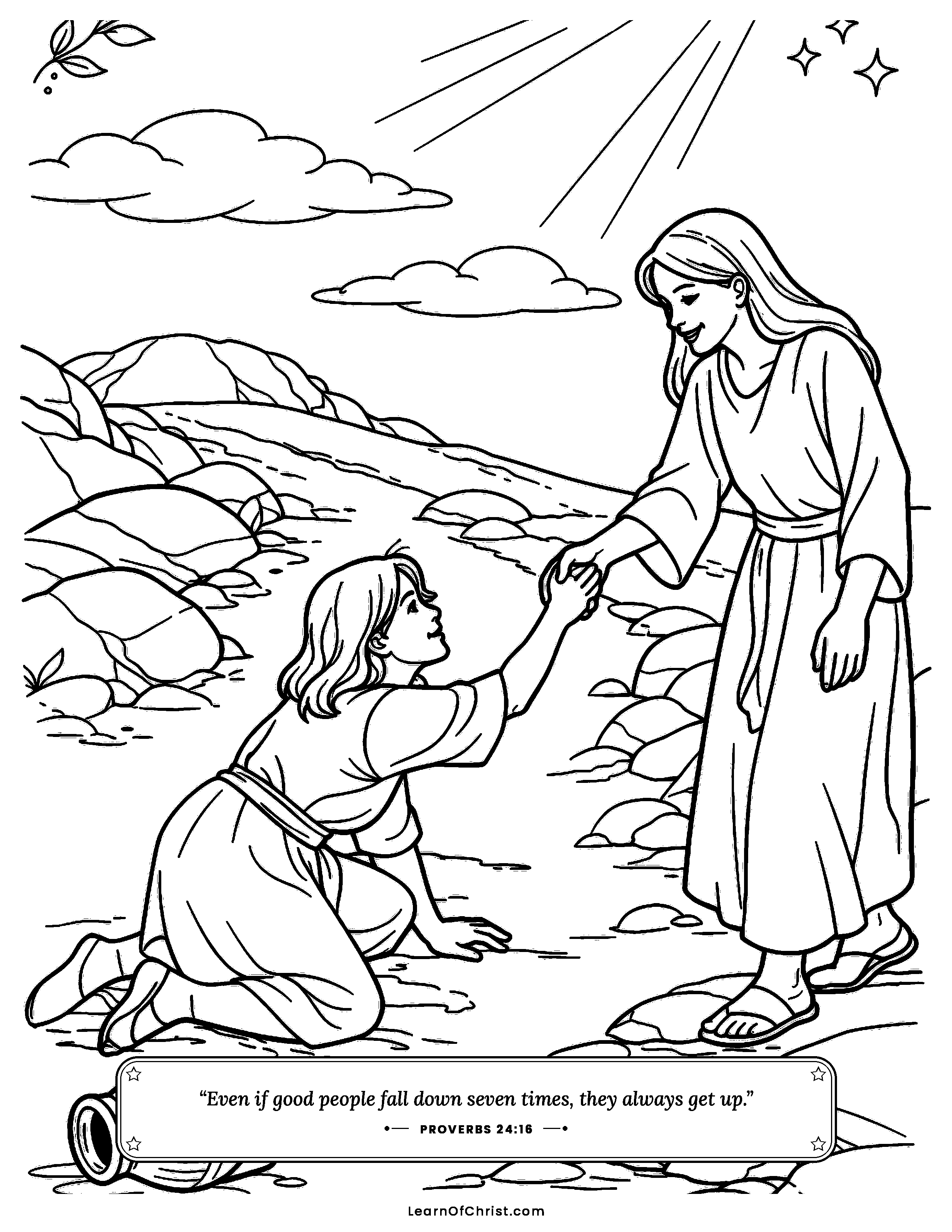 Proverbs 24 coloring page - Getting back up after a fall. Free printable Bible coloring sheet for kids.