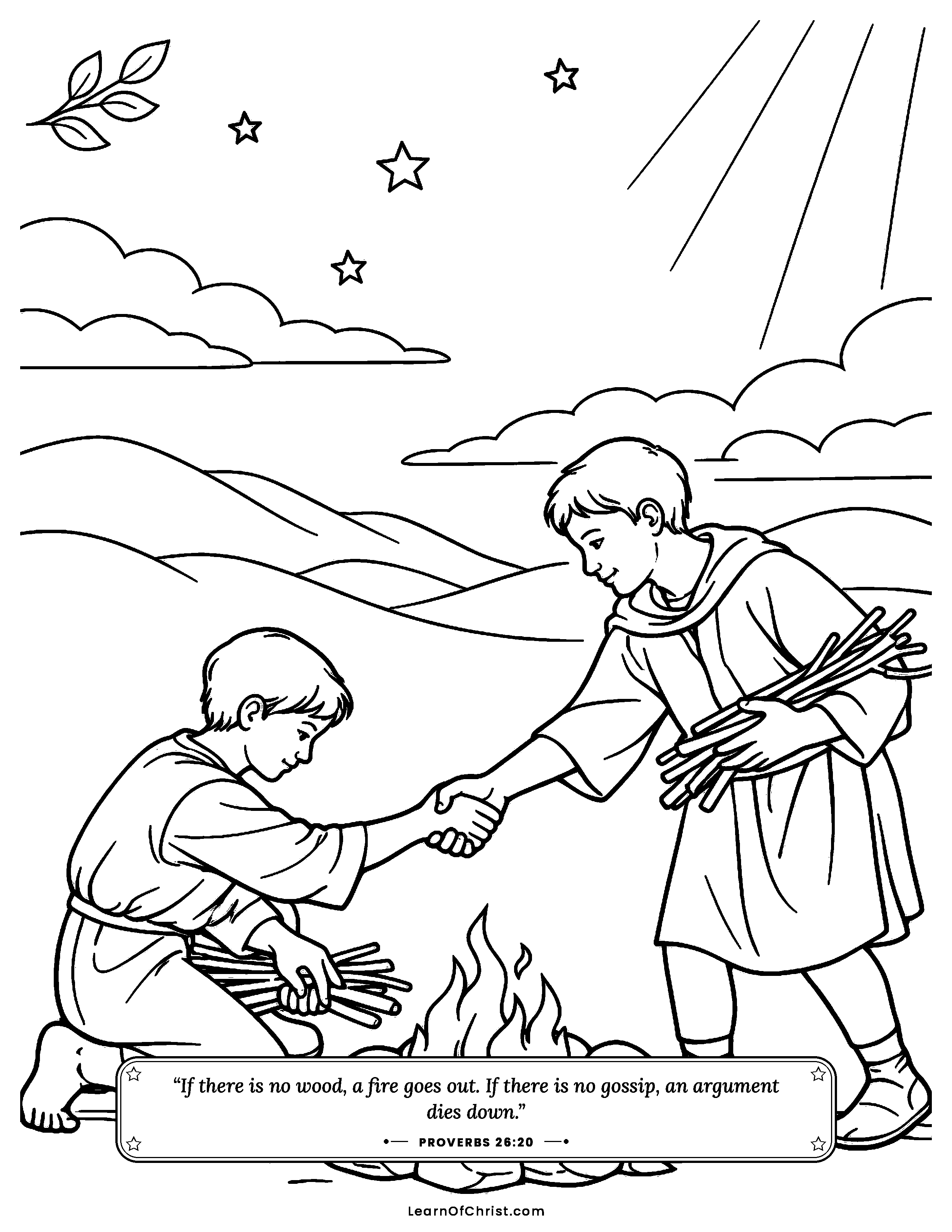 Proverbs 26 coloring page - Taking the sticks away from a fight. Free printable Bible coloring sheet for kids.