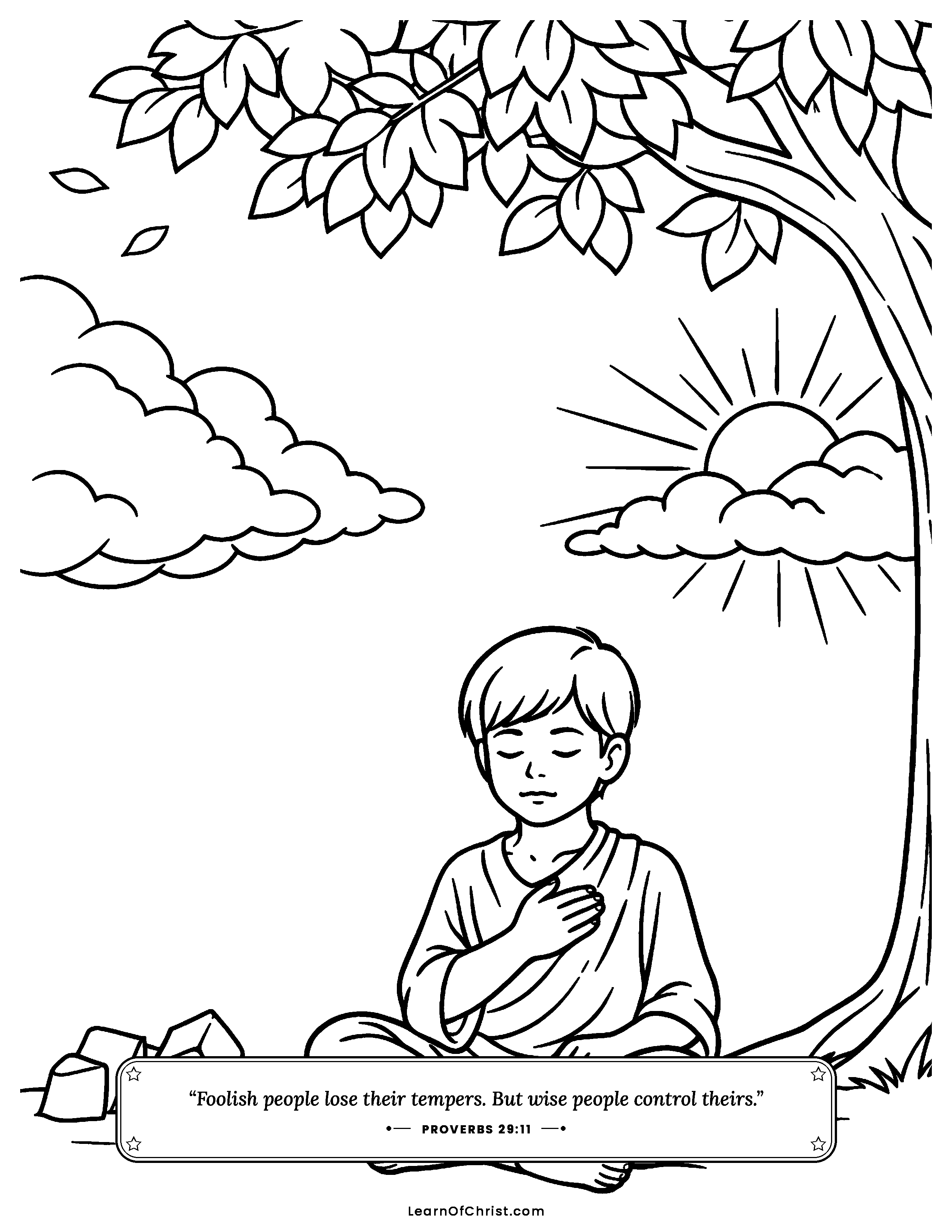 Proverbs 29 coloring page - Letting a hot feeling cool down. Free printable Bible coloring sheet for kids.