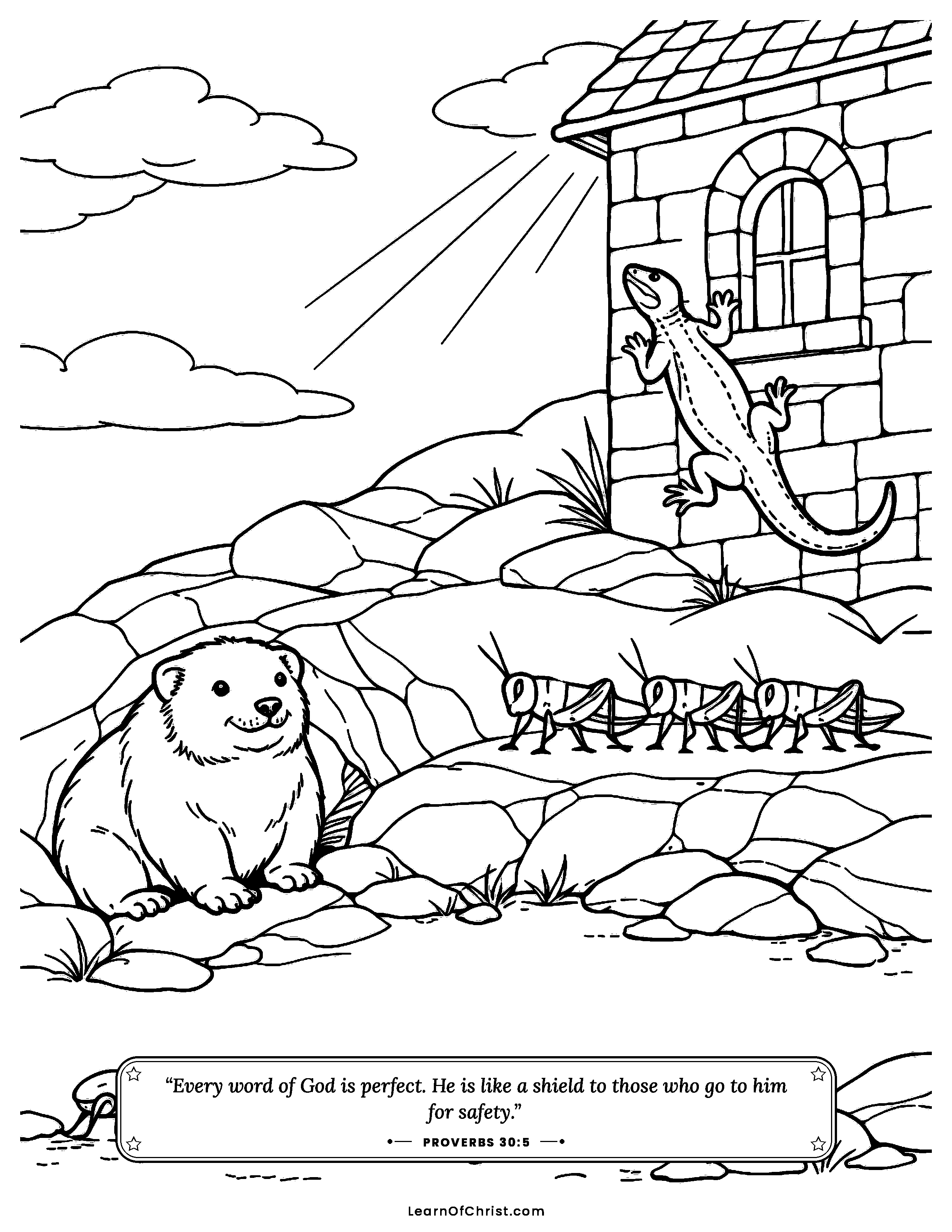 Proverbs 30 coloring page - Four small but very wise creatures. Free printable Bible coloring sheet for kids.