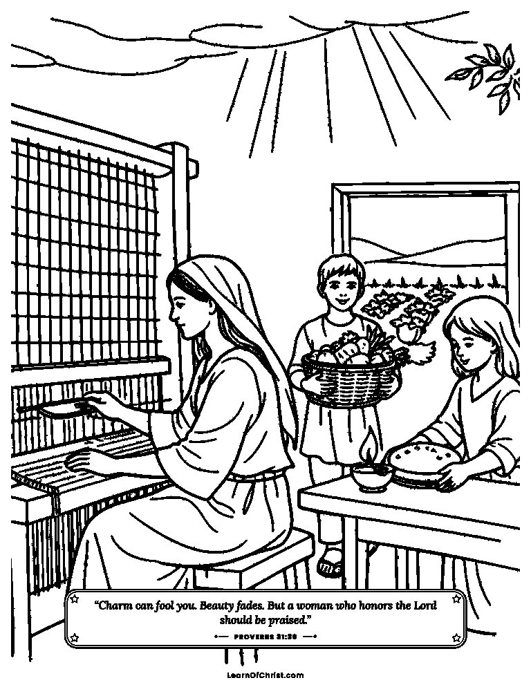 Proverbs 31 coloring page - A hard-working mother her family loves