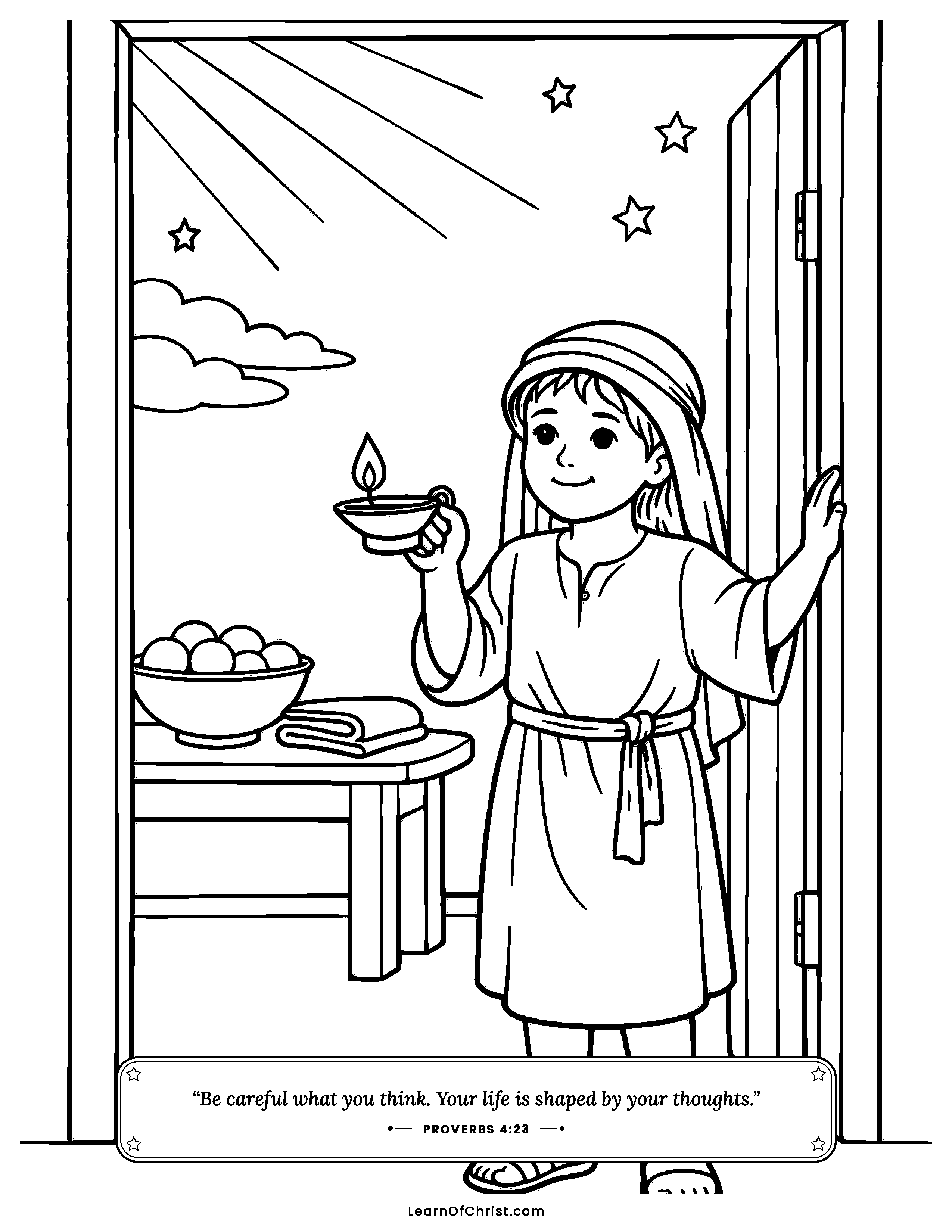 Proverbs 4 coloring page - Standing watch at the door of the heart. Free printable Bible coloring sheet for kids.