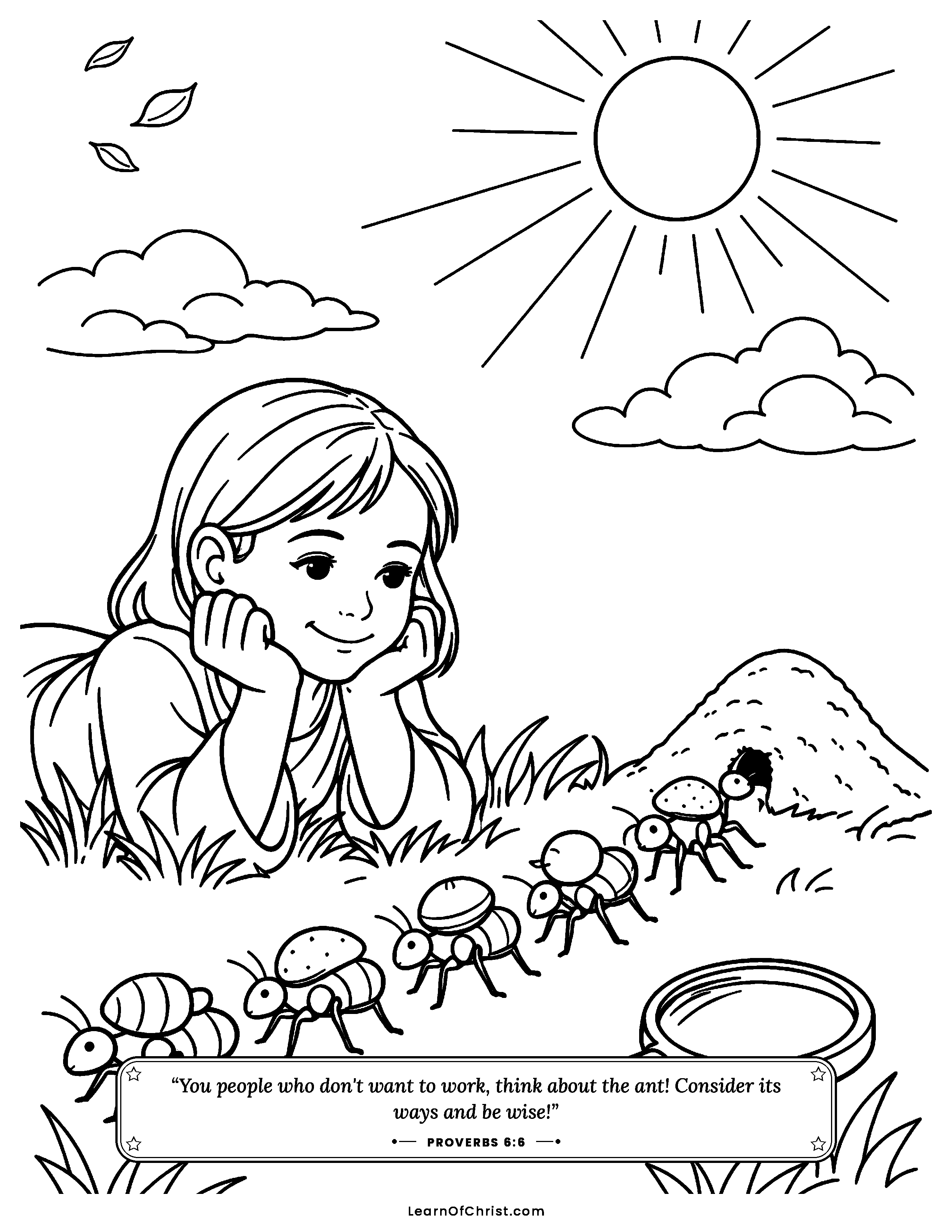 Proverbs 6 coloring page - Learning from the busy little ants. Free printable Bible coloring sheet for kids.