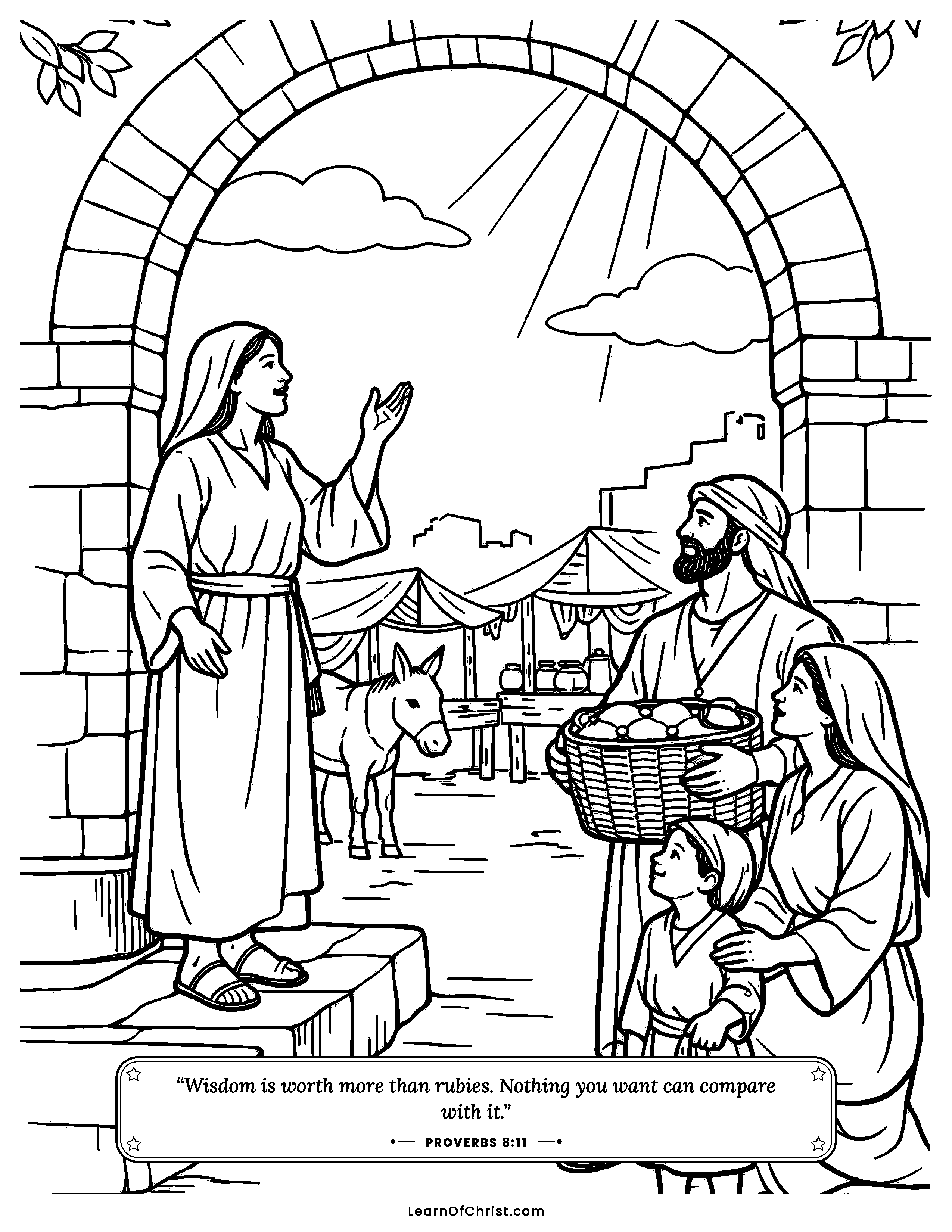 Proverbs 8 coloring page - Wisdom calling out at the town gate. Free printable Bible coloring sheet for kids.