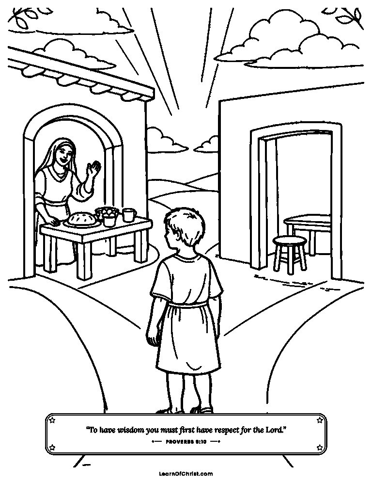 Proverbs 9 coloring page - Choosing which door to walk through