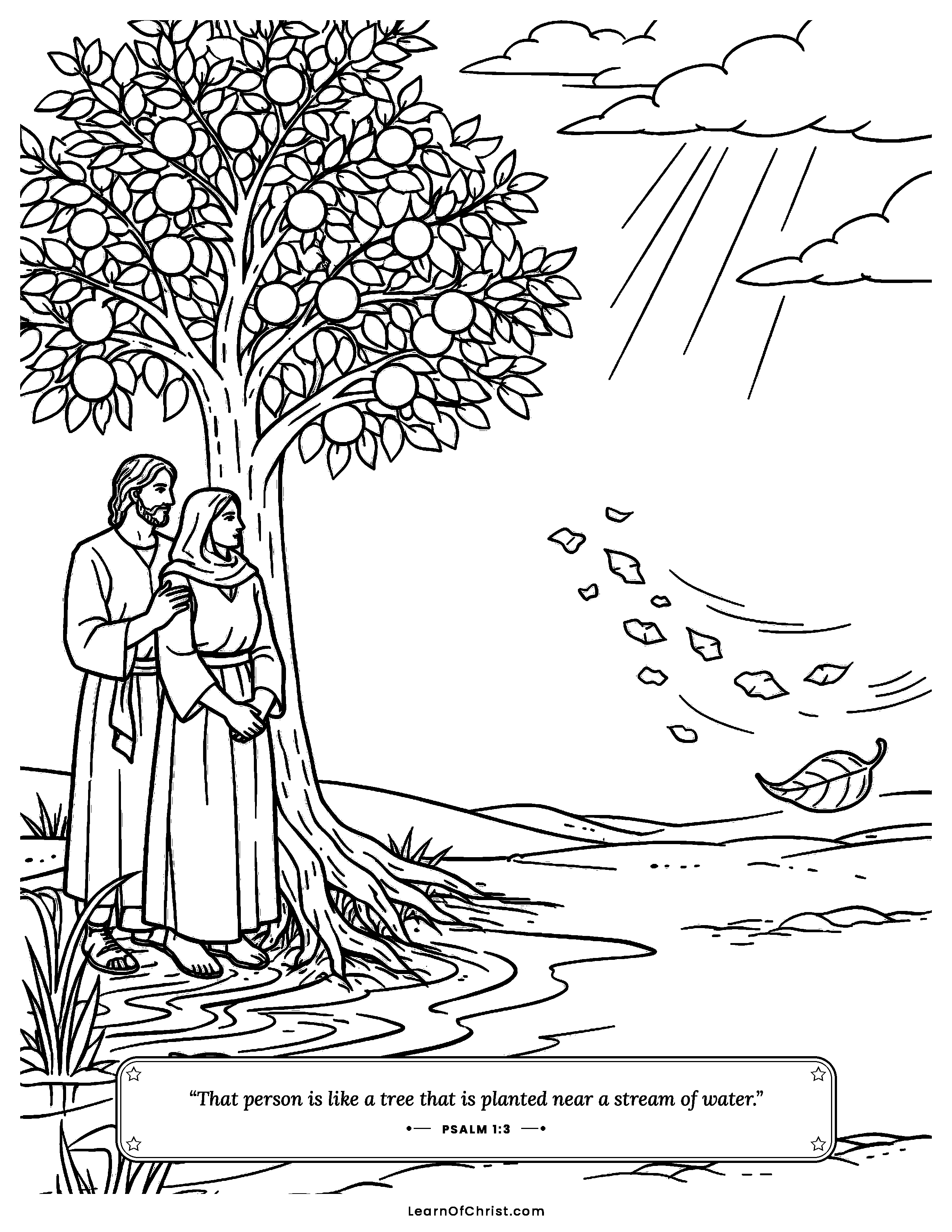Psalms 1 coloring page - A strong tree planted beside a stream. Free printable Bible coloring sheet for kids.